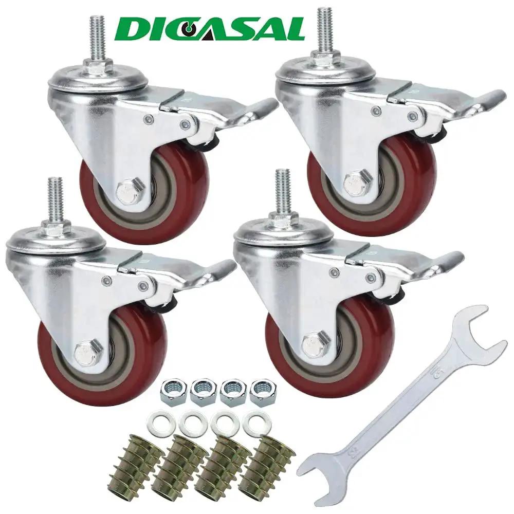 Three Inch Heavy Duty Stem Casters 360 Degree Swivel Durable PVC Wheels With Three Eighths Inch By Sixteen Threads Per Inch One Inch Length Dual Safety Locks And Bearings Easy To Install For Furniture And DIY Tools shown with wrench and hardware