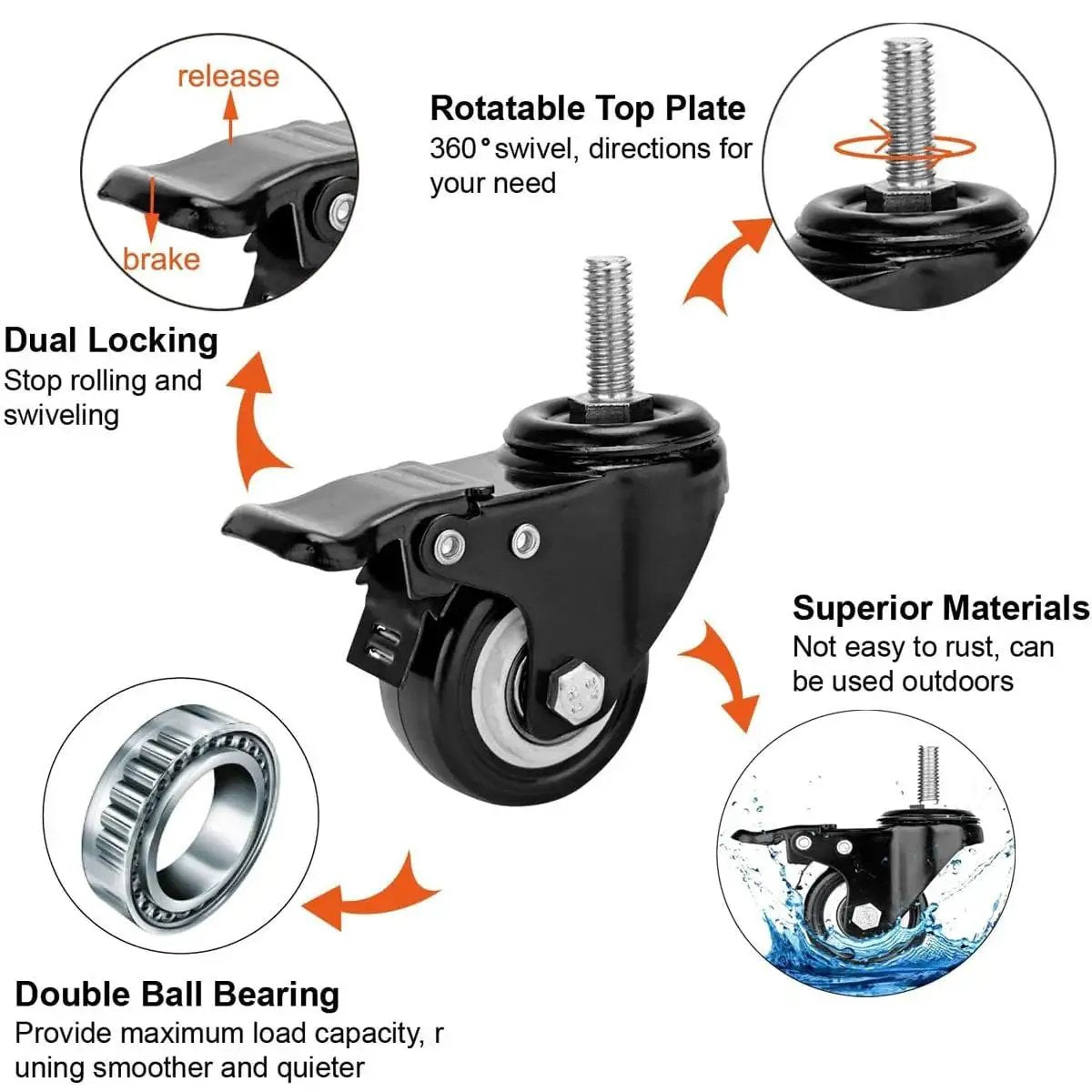 2 Inch Heavy Duty Swivel Stem Casters Set Of 4 With Double Locking Brakes, 600 Lb Capacity, 3/8-16x1 Threaded Stem, Black