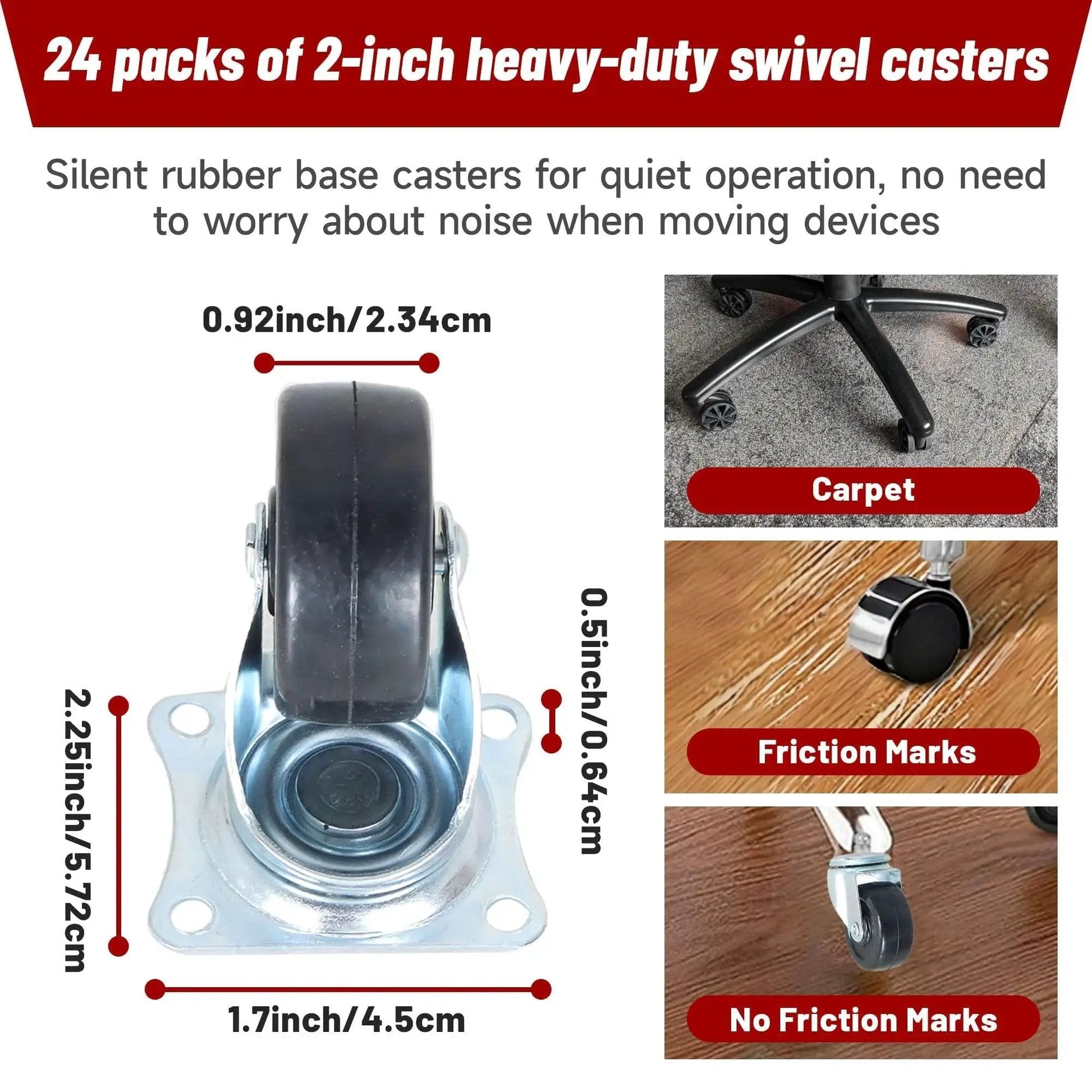 Heavy Duty Swivel Caster Wheels 24 Pack 2 Inch Rubber Base With Top Plate And Bearing Each Wheel Supports 25KG close-up view