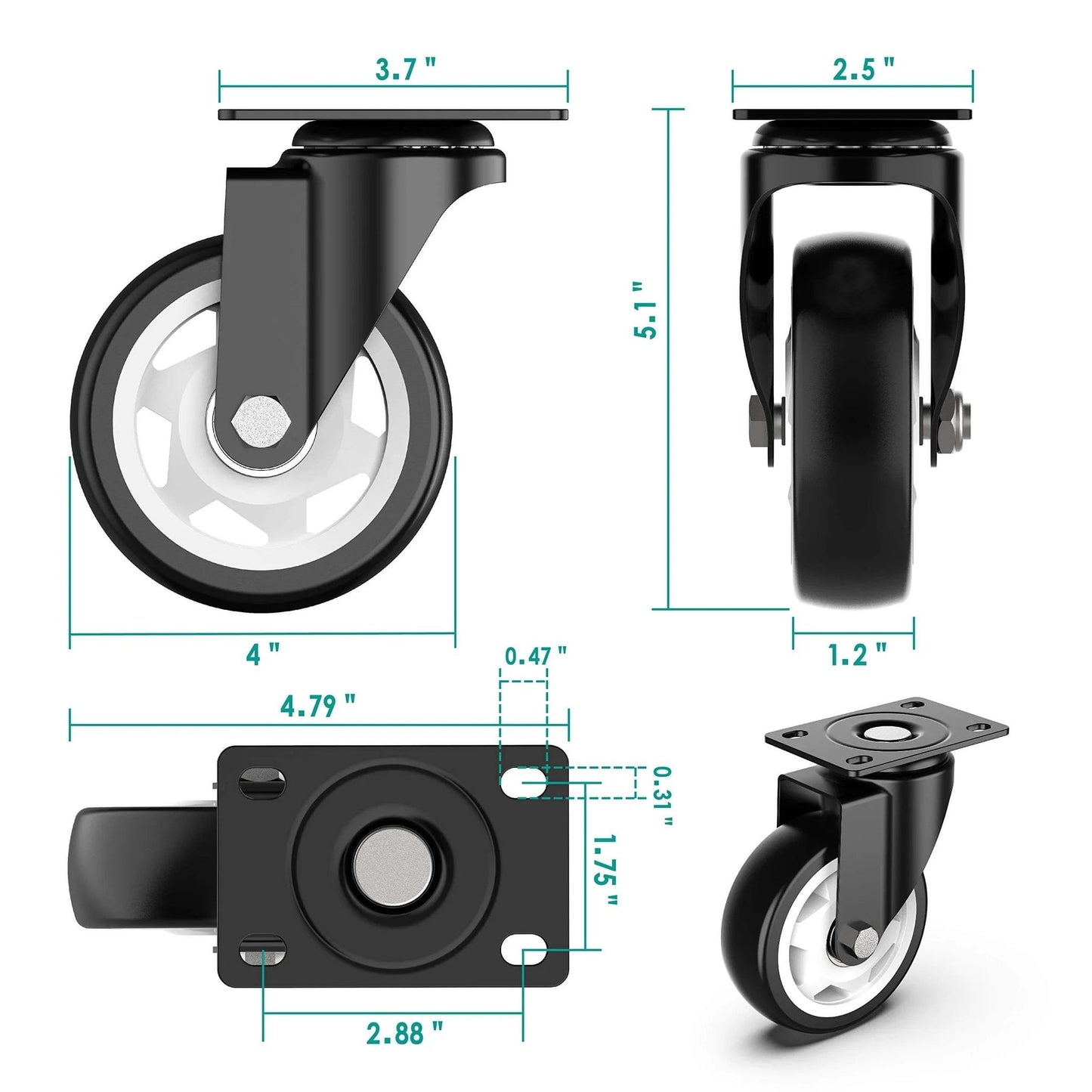 Dimensions of 4 Inch Heavy Duty Swivel Caster Wheels Set of 4 No Brake with 1200 Lbs Load Capacity Solid Steel Plate