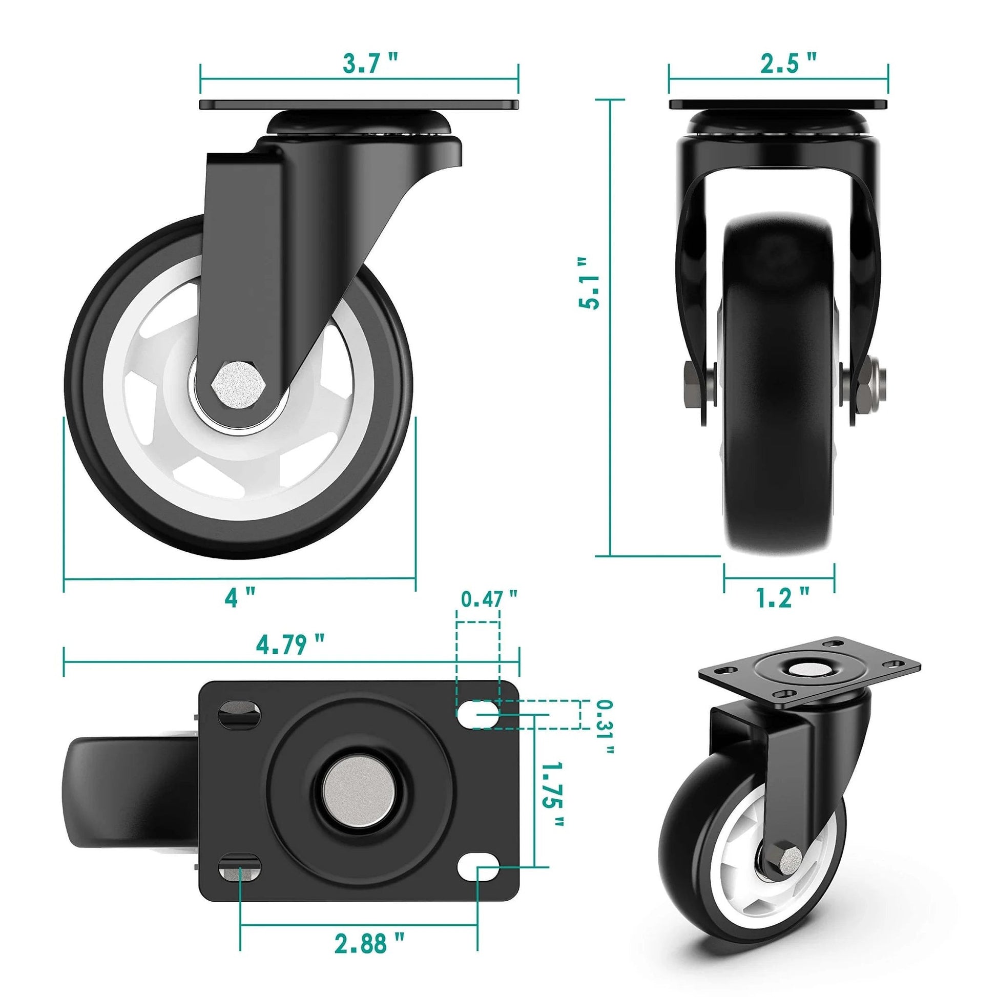 Dimensions of 4 Inch Heavy Duty Swivel Caster Wheels Set of 4 No Brake with 1200 Lbs Load Capacity Solid Steel Plate
