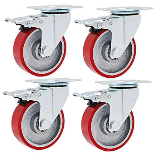 Heavy Duty Swivel Caster Wheels Set of 4 with Brake, 75mm PU Plate Castors, Iron Core Polyurethane Industrial Casters for furniture and trolleys