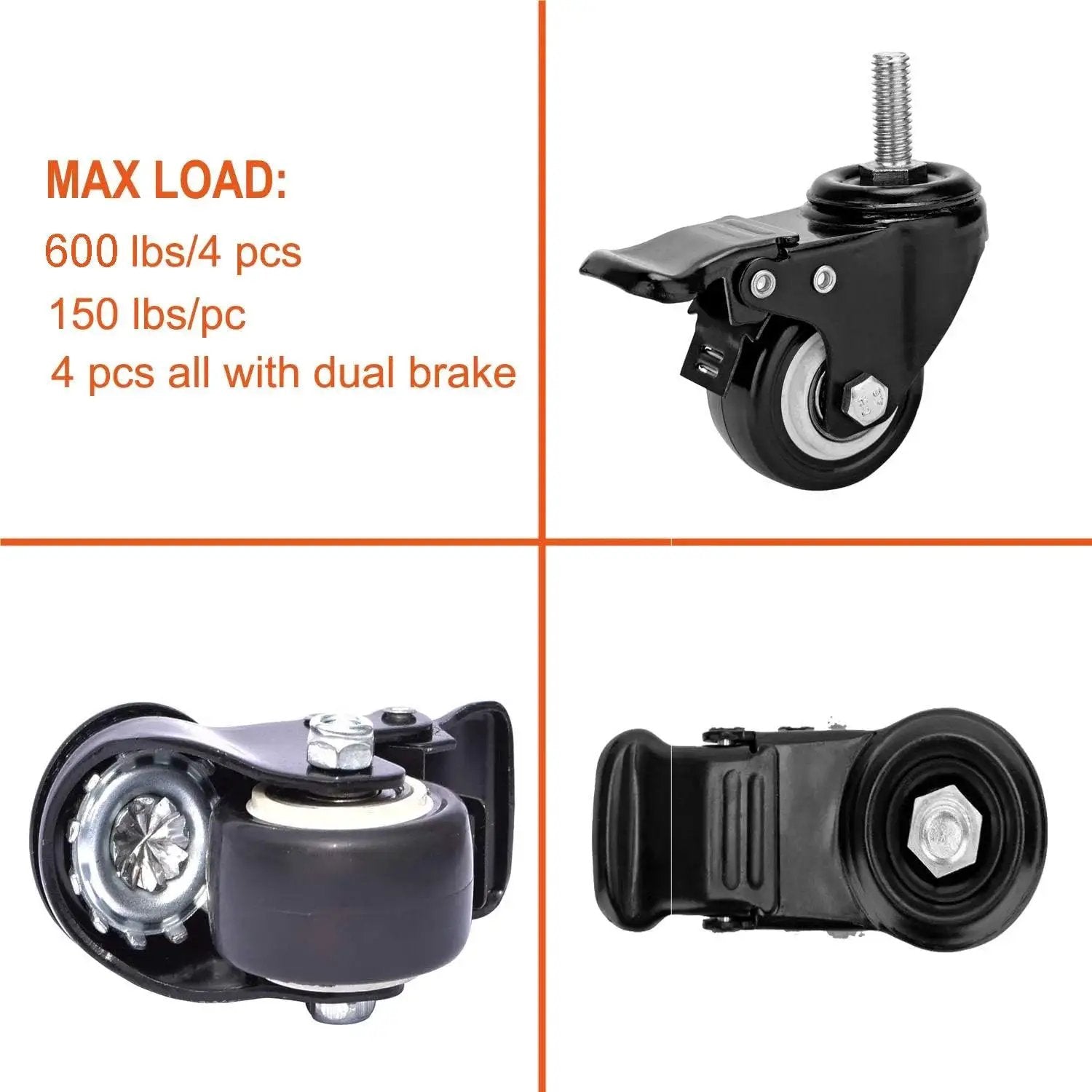 Two Inch Stem Caster Wheels With Safety Dual Locking Brakes Heavy Duty Swivel Casters 600 Pound Capacity Set Of Four