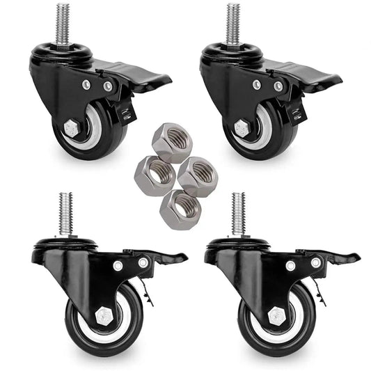 2 Inch Heavy Duty Swivel Stem Casters Set Of 4 With Double Locking Brakes, 600 Lb Capacity, 3/8-16x1 Threaded Stem, Noiseless Industrial Castors For Furniture And Carts, Smooth Glide, Black