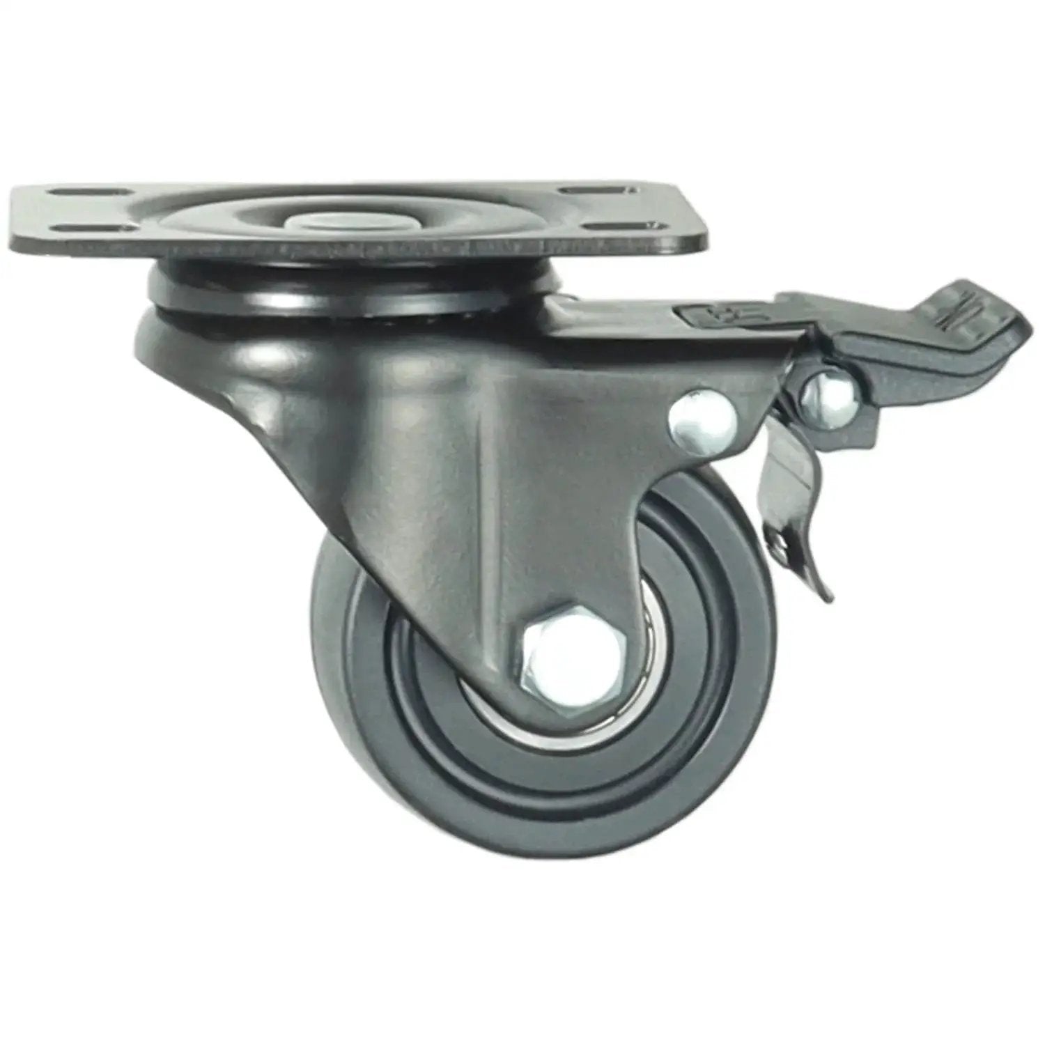 2.5 Inch Heavy Duty Plate Casters With 360 Degree Swivel Top Plate Nylon Wheels 1500 Lbs Load Capacity, side view with brake