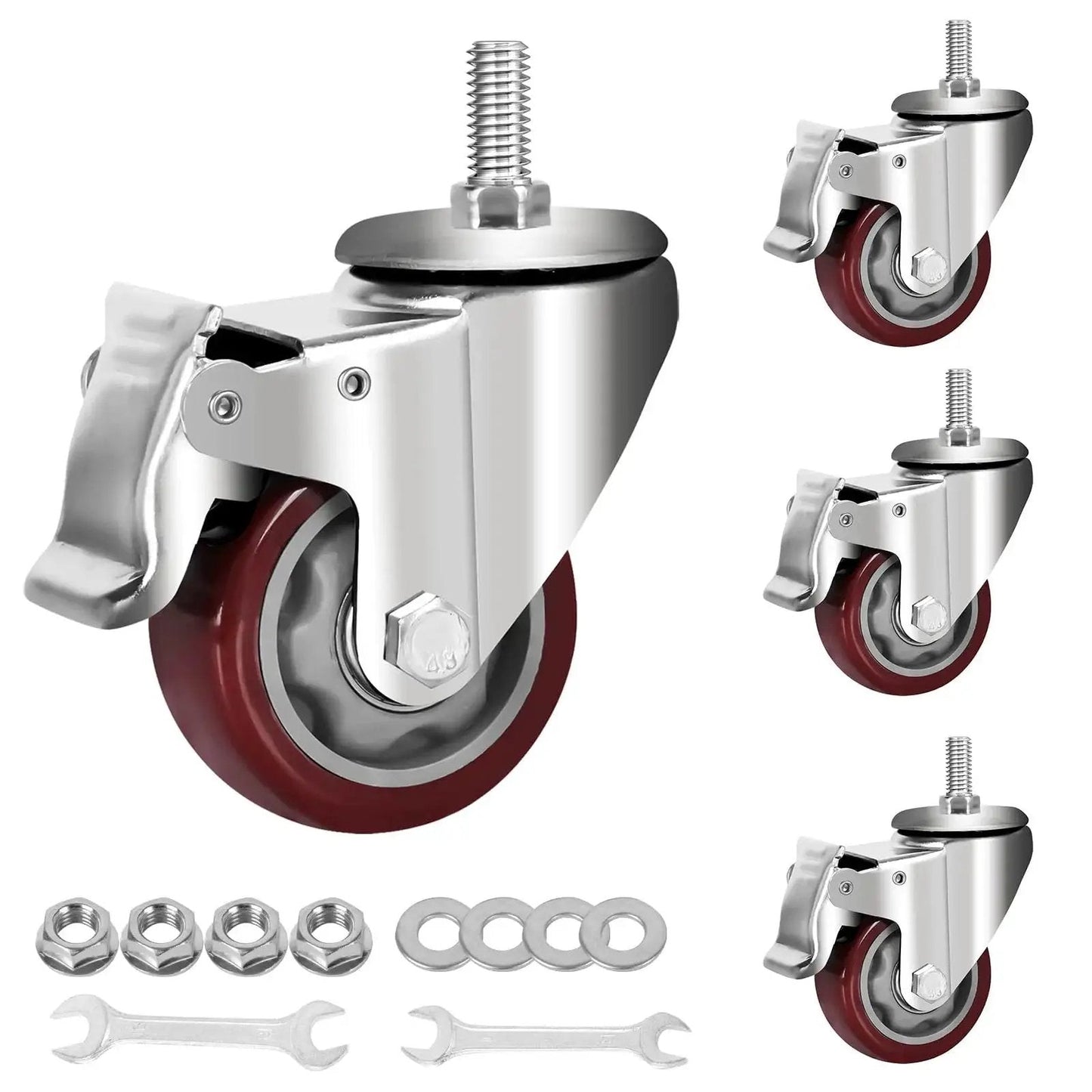 Heavy Duty PU Wheel Caster Set with 360 Degree Swivel Casters and Double Brakes, M12 Threaded Stem, 3 Inch and 4 Inch Options