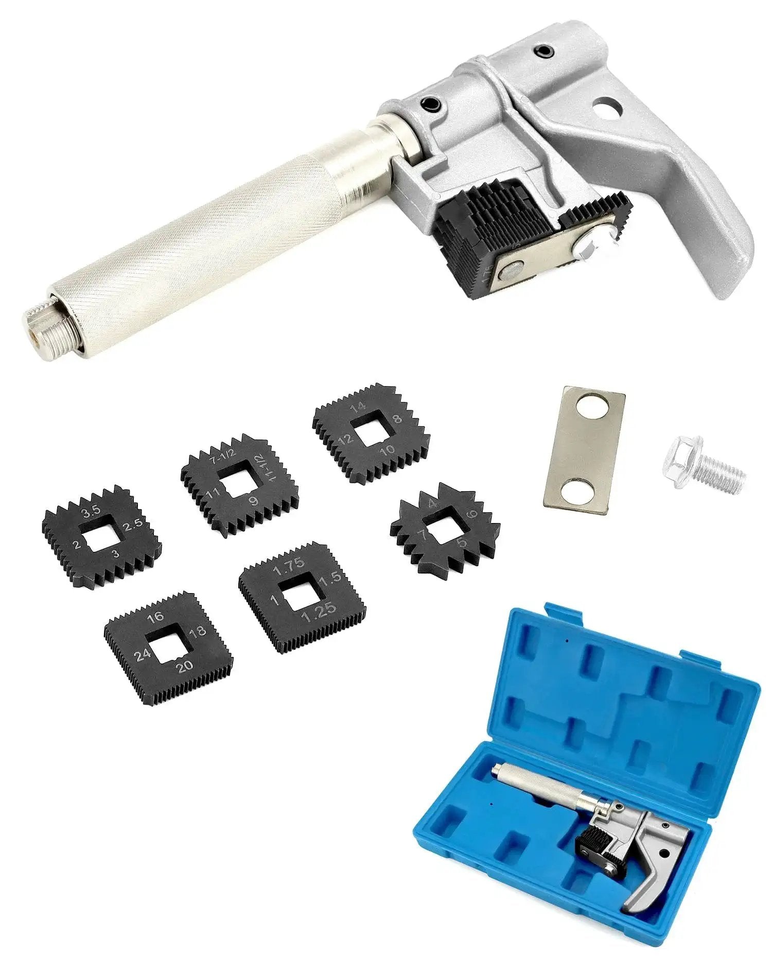 Heavy Duty Universal Outside Thread Chaser Tool For One And One Quarter To Five Inch OD, die-cast alloy, silver anodized finish, parts shown