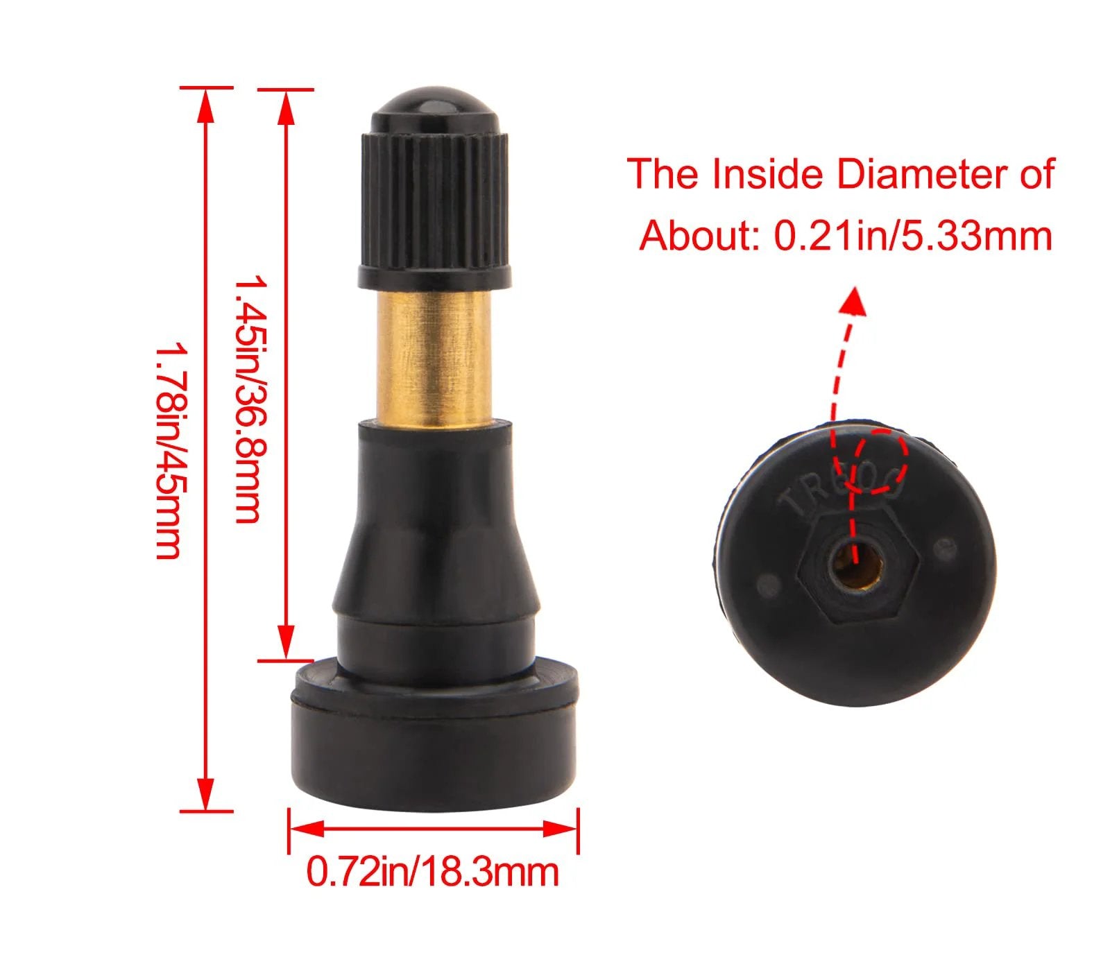Heavy Duty High Pressure Valve Stems Kit With Brass Core And Snap In Design 100 Pack Black EPDM Rubber Tire Valve Stems For Pro Grade Performance Ozone Tested And Leak Tested For All Vehicles side view of valve stem with dimensions shown