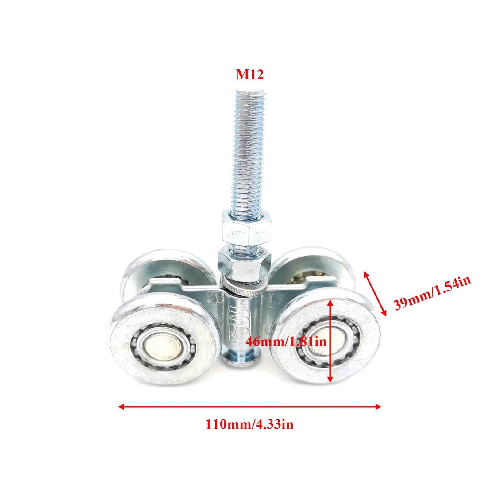 2pcs Track Roller Wheels Heavy Duty Trolley Assembly Silent Rollers with M12 bolt, galvanized, for sliding barn doors, front view