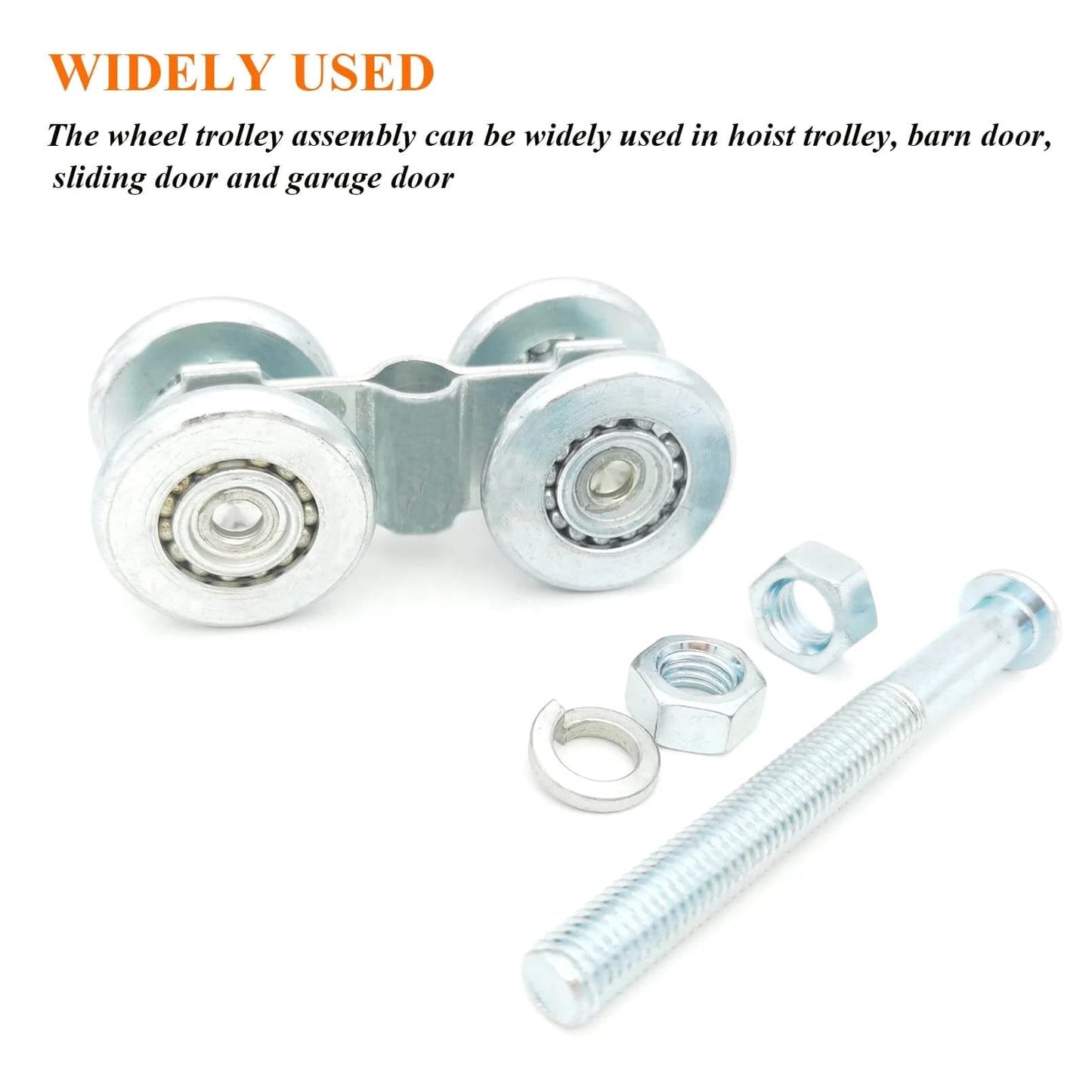 2pcs Track Roller Wheels Heavy Duty Trolley Assembly with silent rollers, stable welded construction shown with nuts and bolt for barn doors