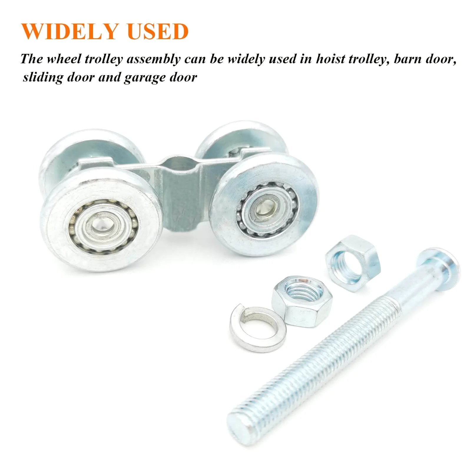 2pcs Track Roller Wheels Heavy Duty Trolley Assembly with silent rollers, stable welded construction shown with nuts and bolt for barn doors