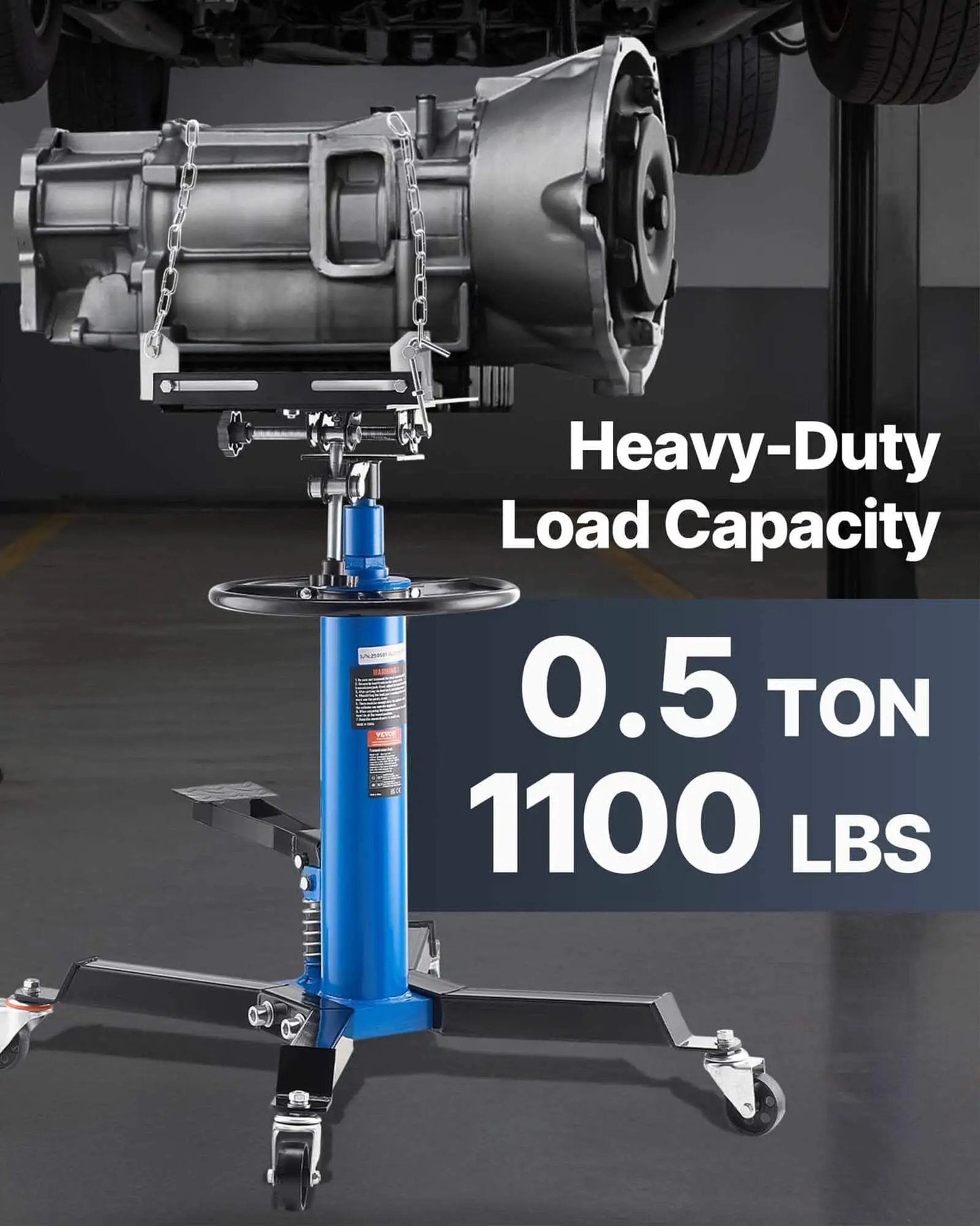 Heavy Duty Transmission Jack Lift With 1100 Lbs Capacity, 33 To 67 Inch Hydraulic Telescoping Stand, 2 Stage, Foot Pedal in garage