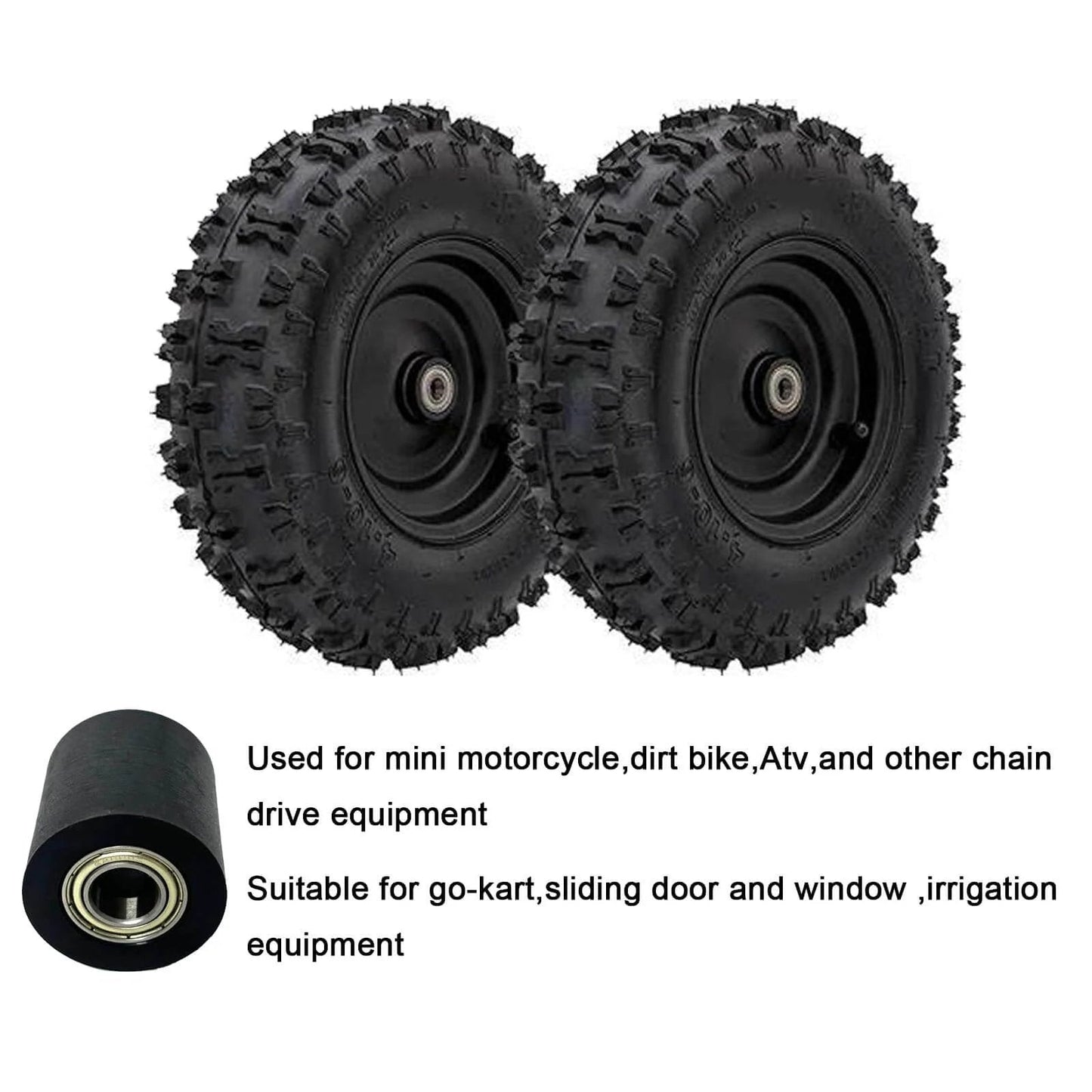 Treaded off-road tires and mechanical pulley bearing for chain drive equipment and vehicles.