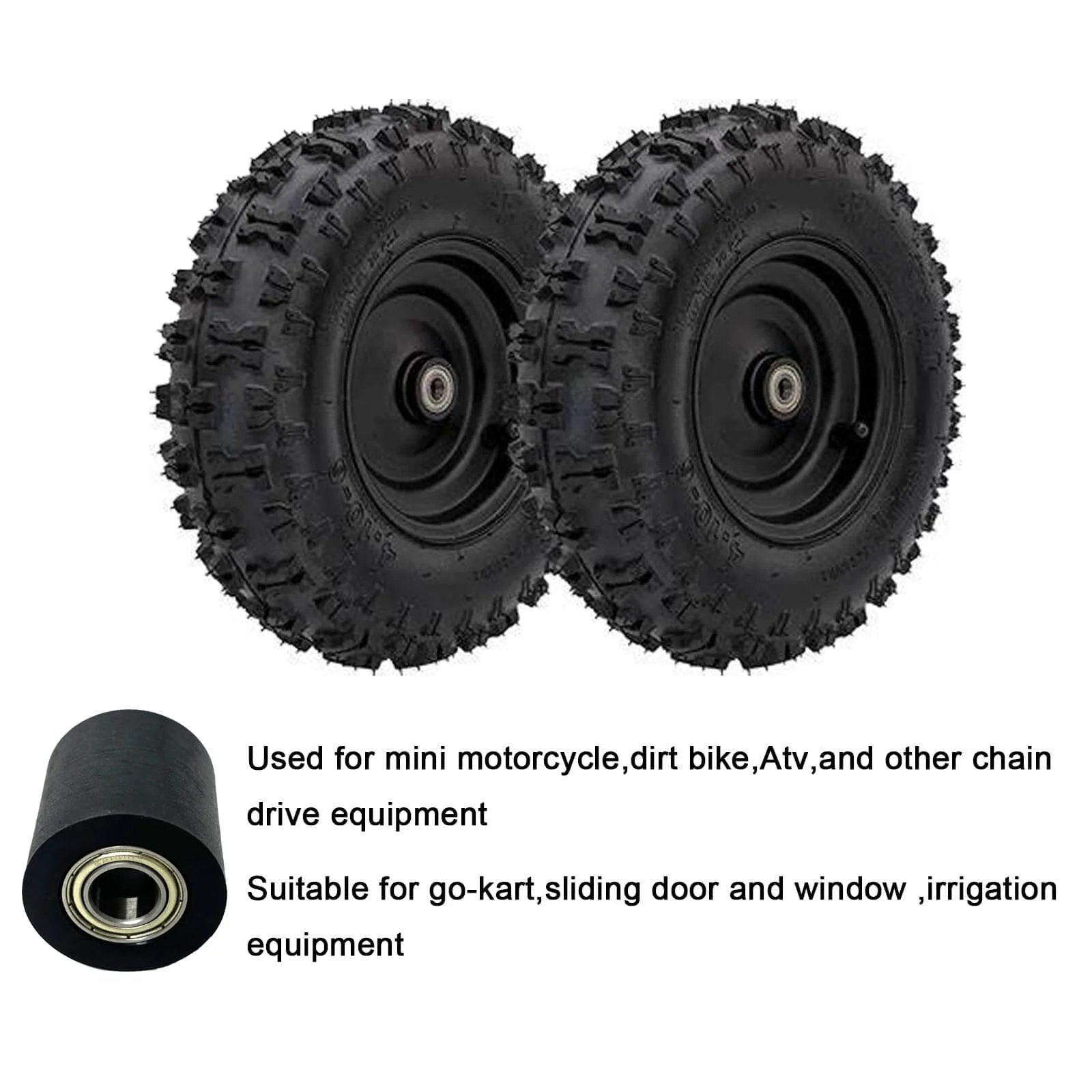 Treaded off-road tires and mechanical pulley bearing for chain drive equipment and vehicles.