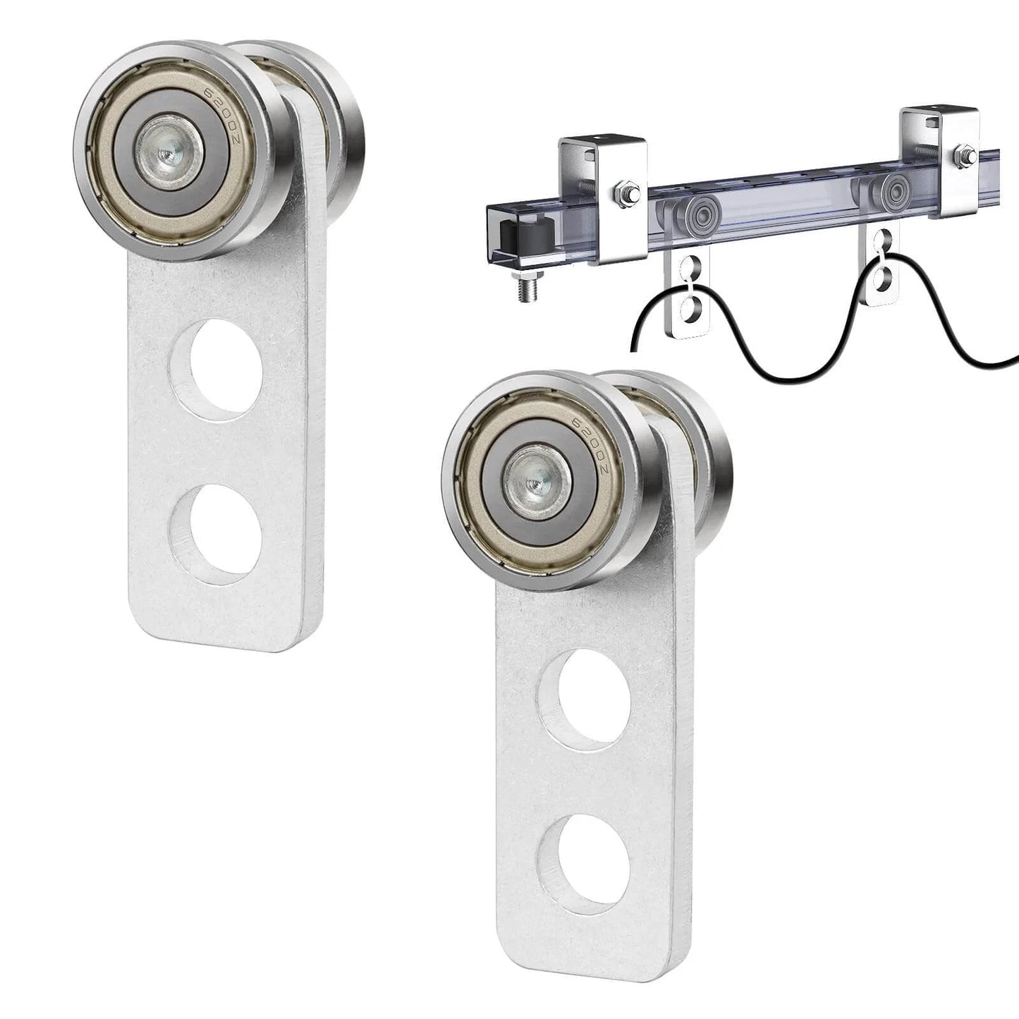 2 Pack Heavy Duty Trolley Assembly with 2 Wheel Steel Rollers for 1-5/8 Inch Strut Channel, shown with installation example.
