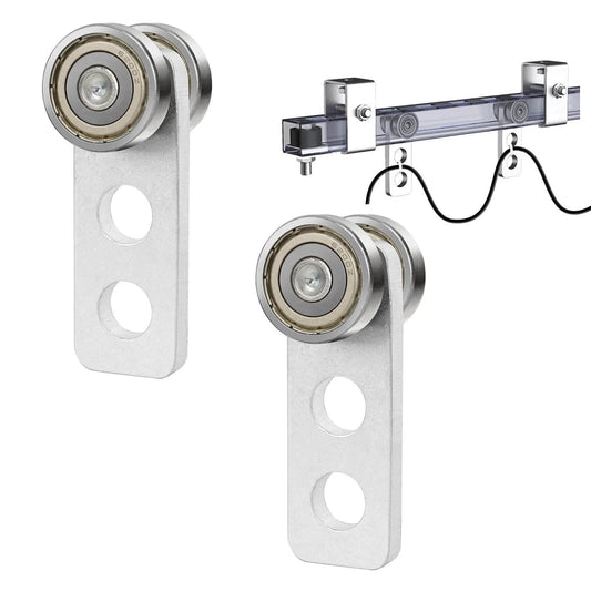 2 Pack Heavy Duty Trolley Assembly with 2 Wheel Steel Rollers for 1-5/8 Inch Strut Channel, shown with installation example.
