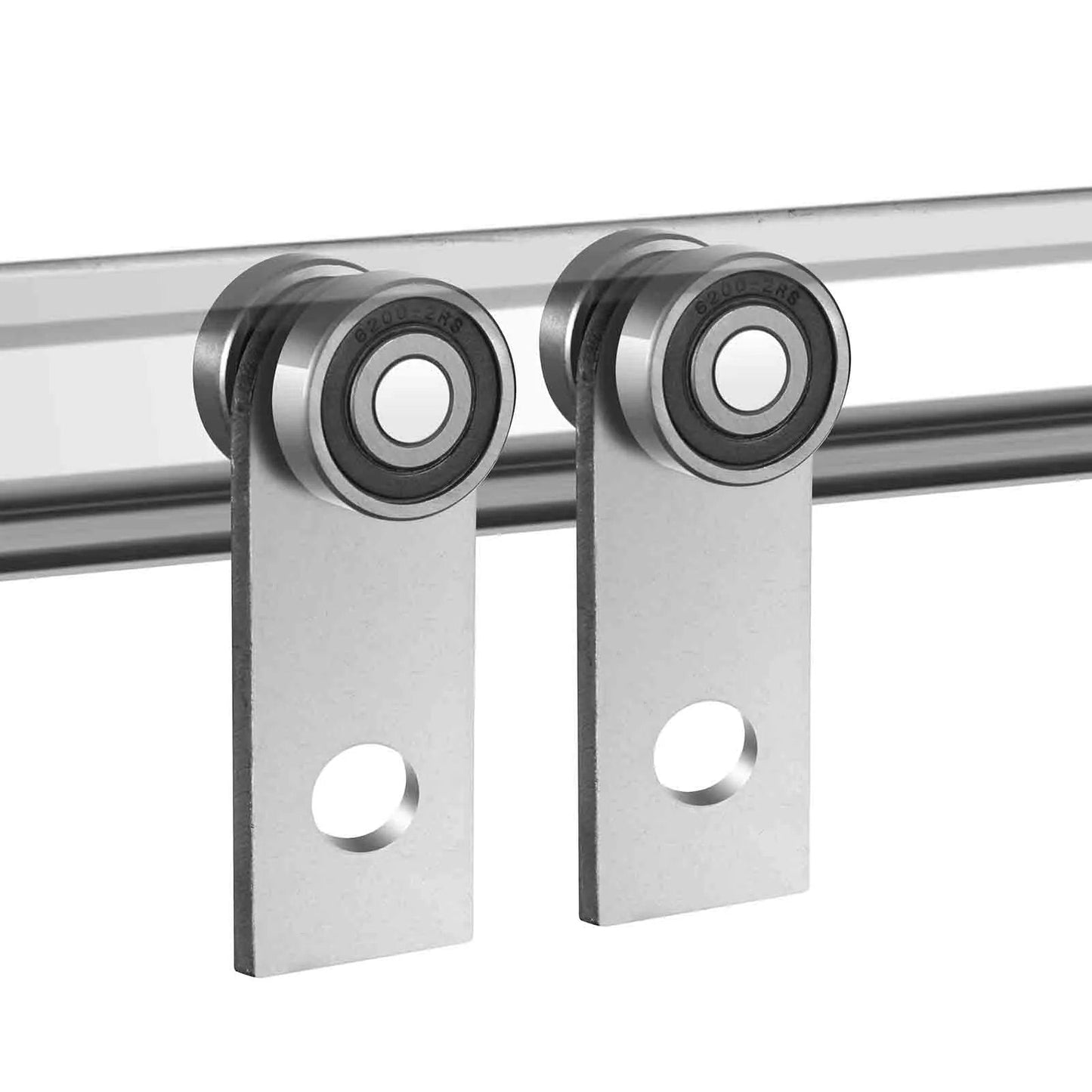 2 Wheel Trolley Assembly Rollers with Dual Bearings for 1-5/8 Inch & Taller Strut Channel, ceiling rail close-up