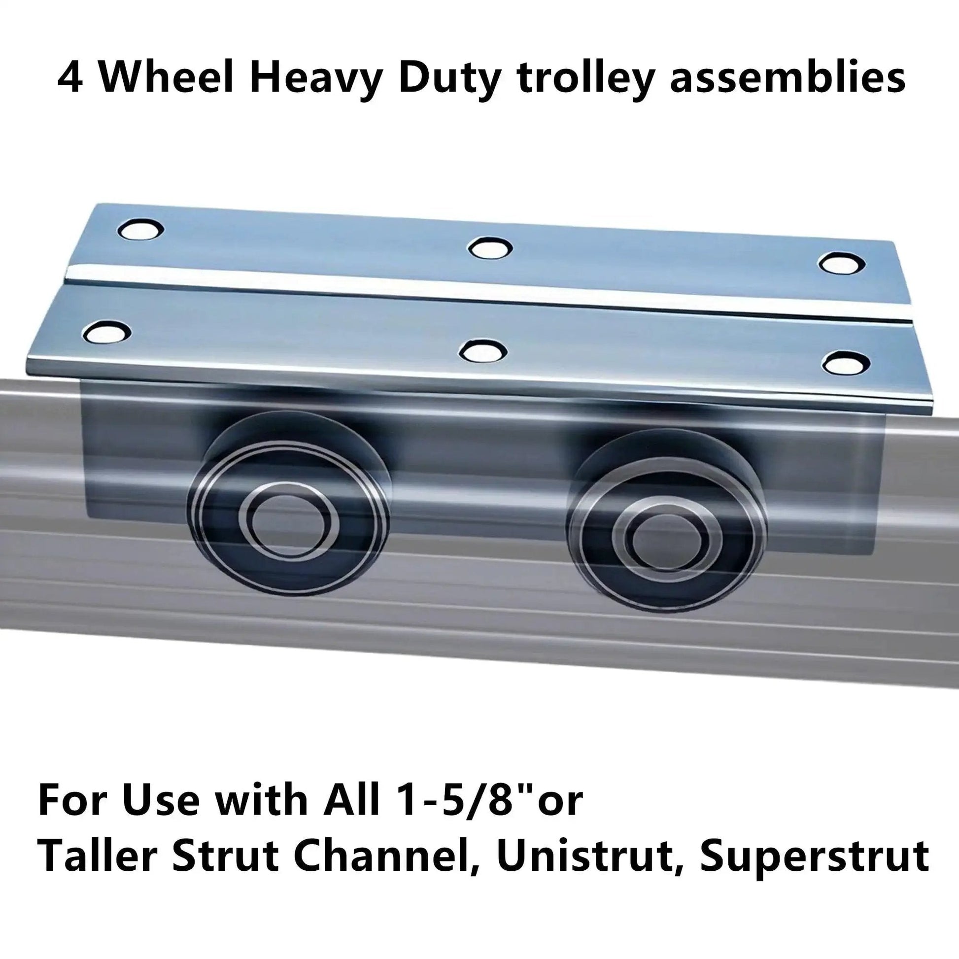 4 Wheel Heavy Duty Trolley Assembly for Barn Doors or Shed Sliding Doors, galvanized steel on strut channel