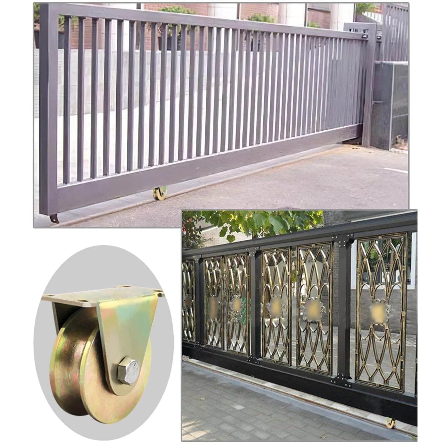 Sliding gate with heavy duty U-Groove Track Wheel pulley, pulley wheel, shown on track with close-up of wheel assembly, set of 4, 3in/80mm.