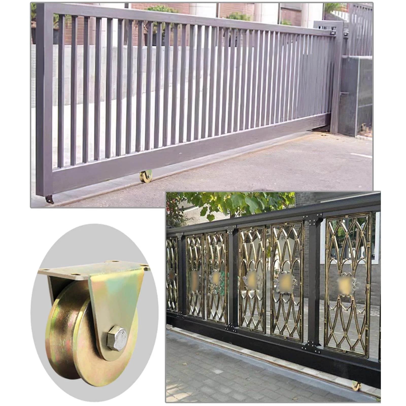 Sliding gate with heavy duty U-Groove Track Wheel pulley, pulley wheel, shown on track with close-up of wheel assembly, set of 4, 3in/80mm.