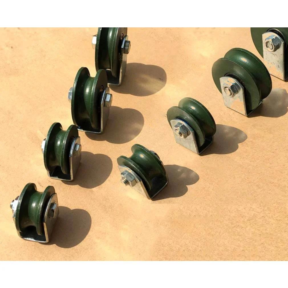 Heavy duty U-groove track pulley wheel set for inverted round tube systems, 56 mm, cast iron sliding door rollers, 4 pieces on display