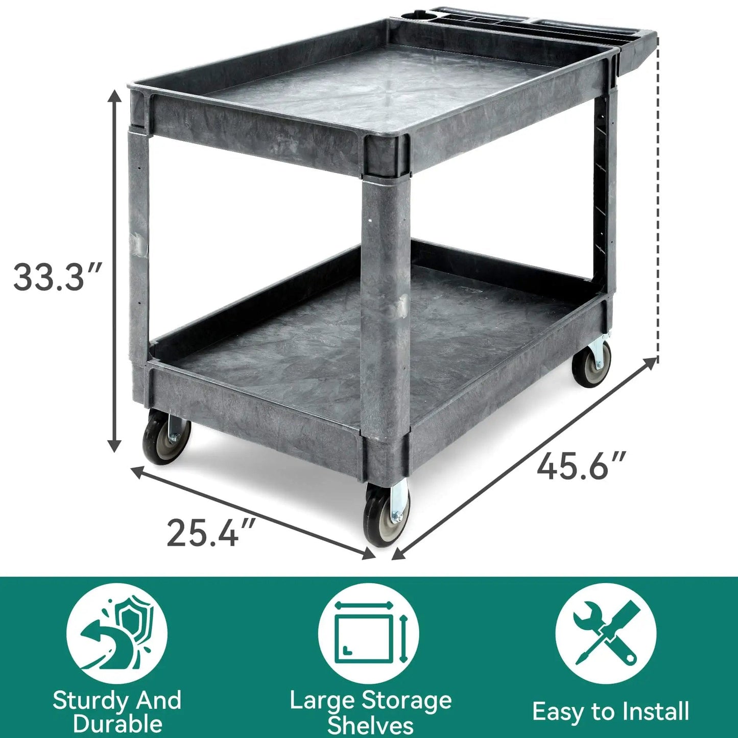 Heavy Duty 2 Tier Plastic Utility Cart With Deep Shelves And 360 Degree Swivel Wheels For Garage Warehouse Office And Cleaning Tasks 45 X 25 Inch Gray