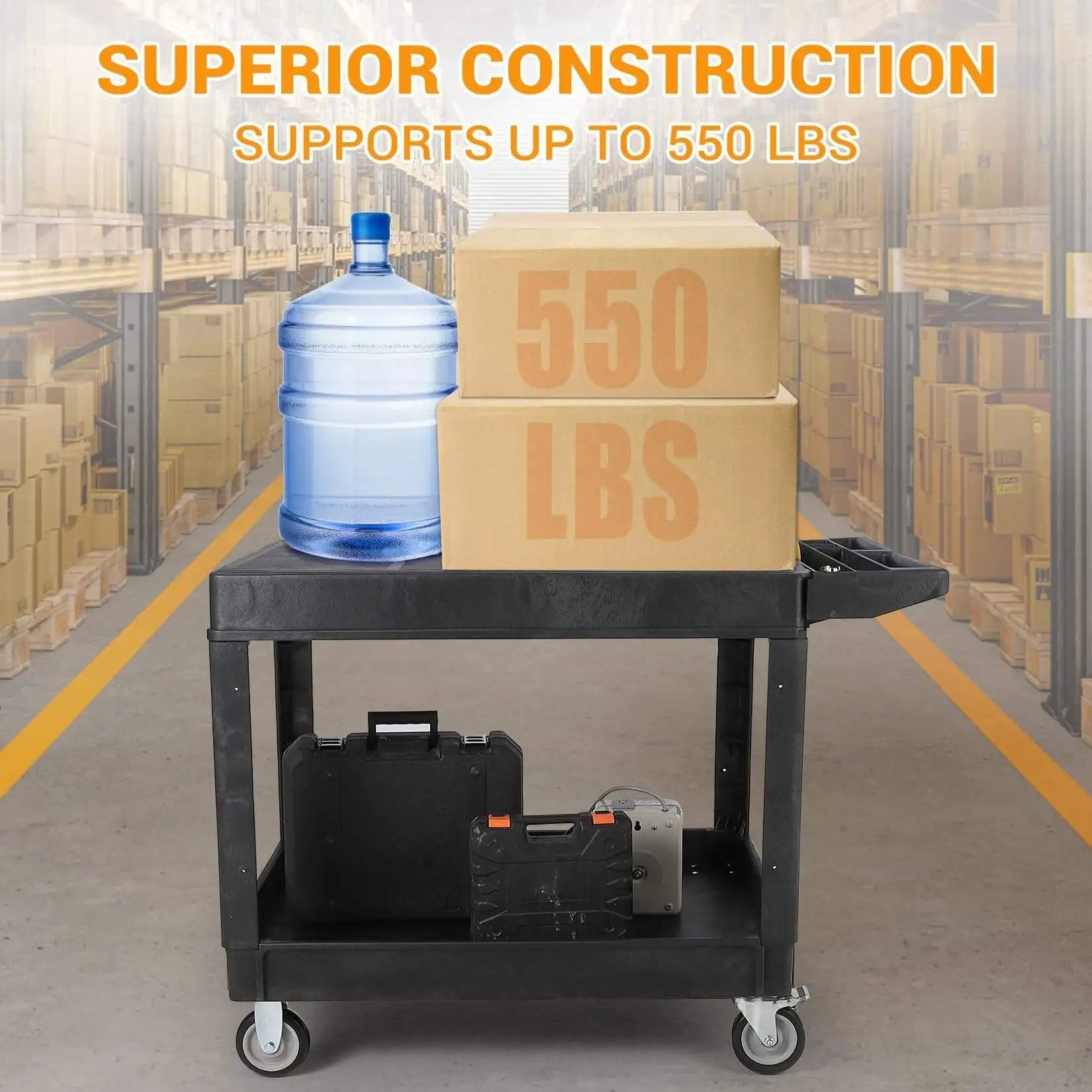 Beefy Heavy Duty Plastic Utility Cart With Flat Top And Two Shelves, 45.87 X 25.2 Inches Work Cart Holds Up To 550 Lbs in warehouse