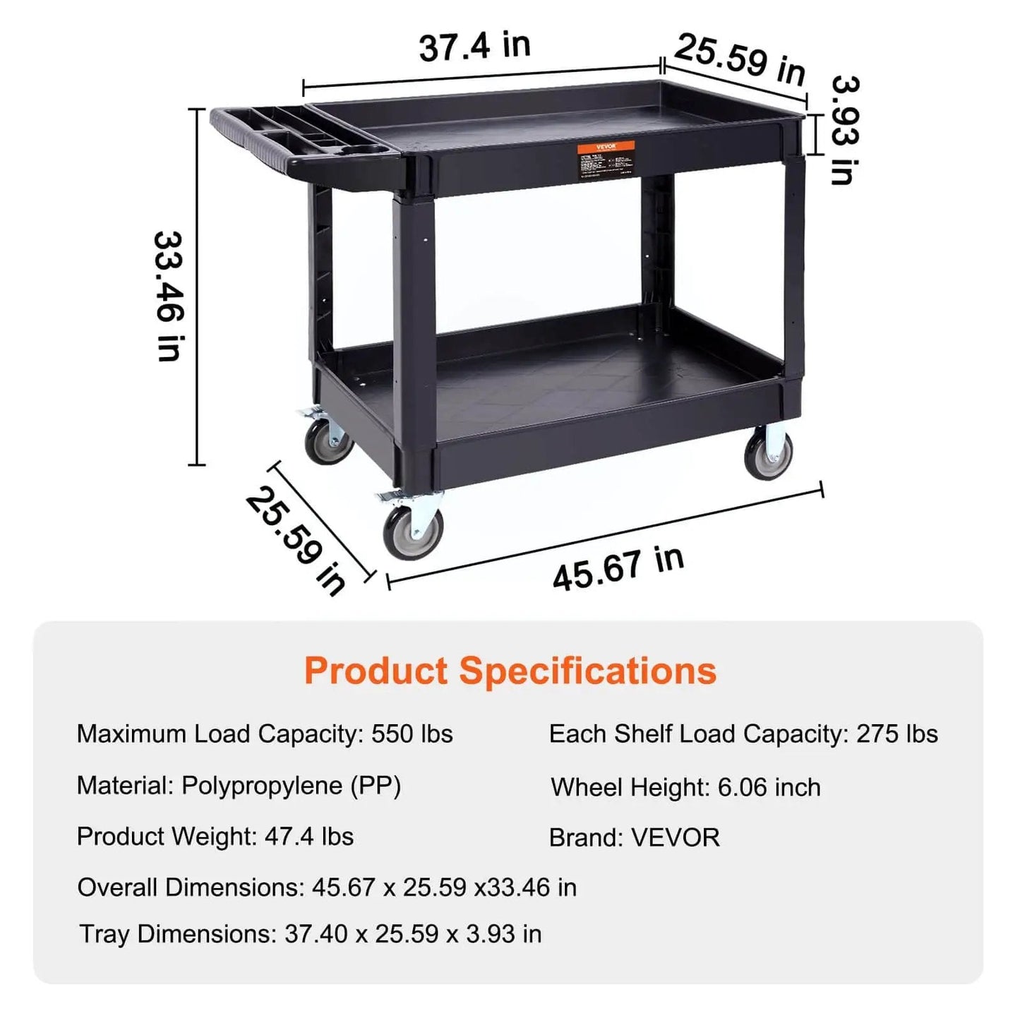 Heavy Duty 2 Shelf Utility Cart With 550 Lb Capacity And 360 Degree Swivel Wheels With Brakes, Large Lip Shelf, Ergonomic Handle