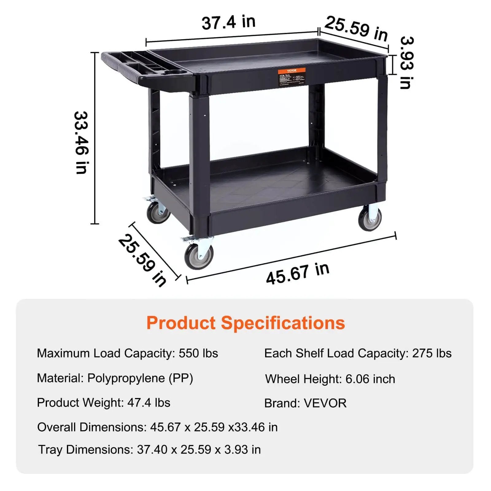 Heavy Duty 2 Shelf Utility Cart With 550 Lb Capacity And 360 Degree Swivel Wheels With Brakes, Large Lip Shelf, Ergonomic Handle