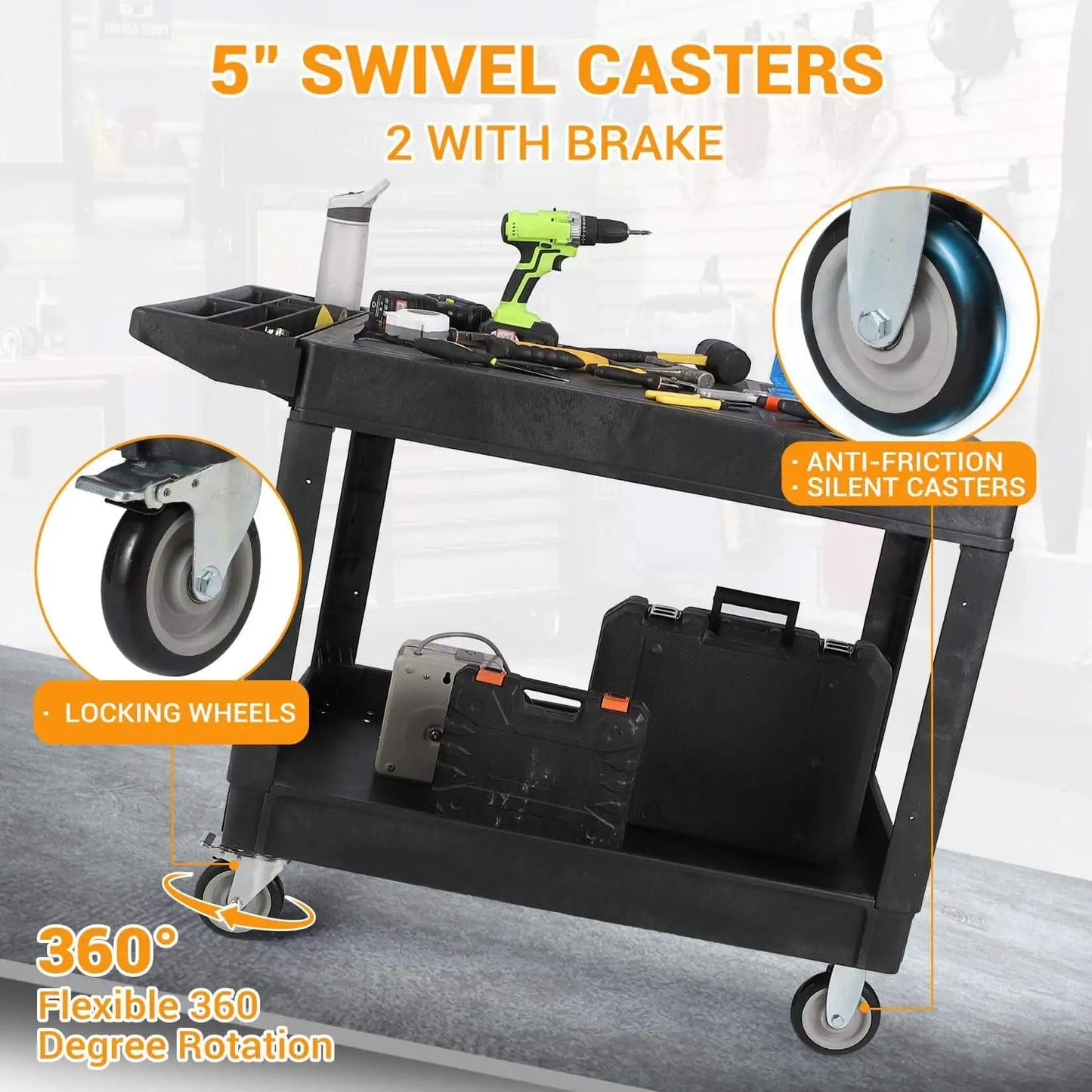 Beefy Heavy Duty Plastic Utility Cart With Flat Top And Two Shelves, 45.87 X 25.2 Inches Work Cart Holds Up To 550 Lbs, 360 Degree Swivel Wheels With Brakes, Rust Resistant Black with tools and wheels detail view