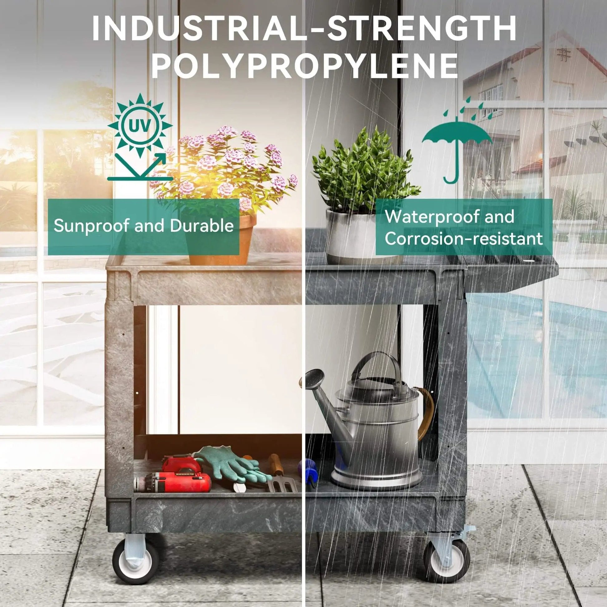 Heavy Duty 2 Tier Plastic Utility Cart With Deep Shelves And 360 Degree Swivel Wheels For Garage Warehouse Office And Cleaning Tasks 45 X 25 Inch Gray showing durability in sun and rain
