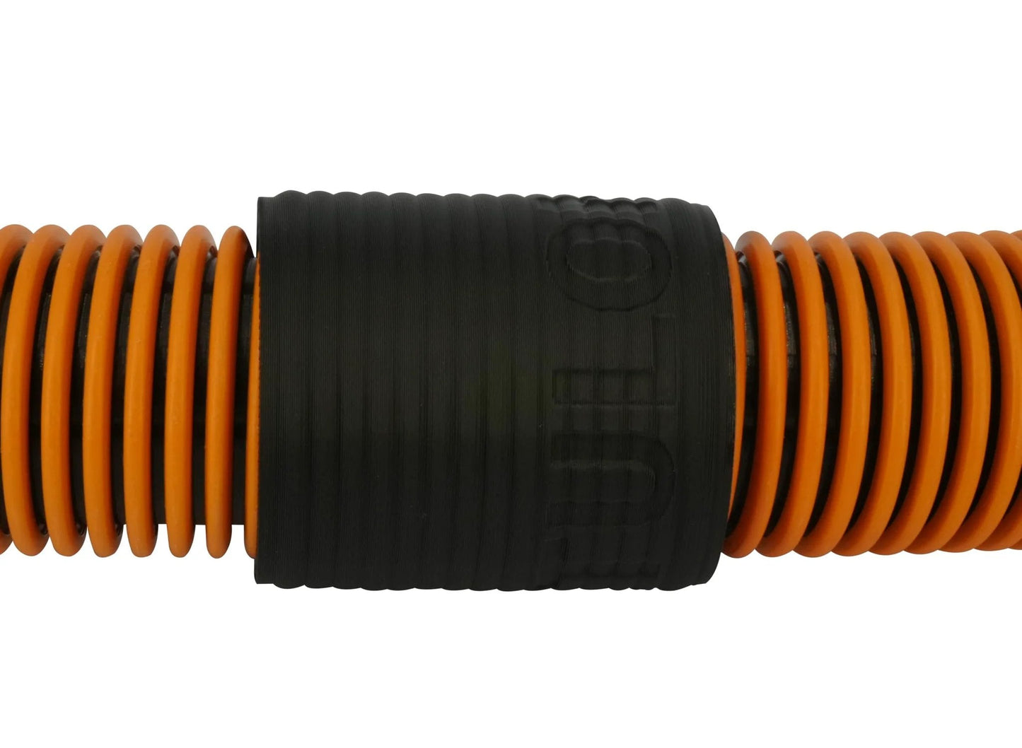 Heavy Duty Vacuum Hose Coupler Accessory 2.2 Inch Outer Diameter 1.95 Inch Inner Diameter Counter Clockwise Thread 2CCWCPL For Secure Fit Black 3D Printed Made In USA Compatible With RIDGID 1-7/8 Inch 10 Foot Dual Layer Hose Model 24608 Close-up of coupler connecting orange vacuum hose.