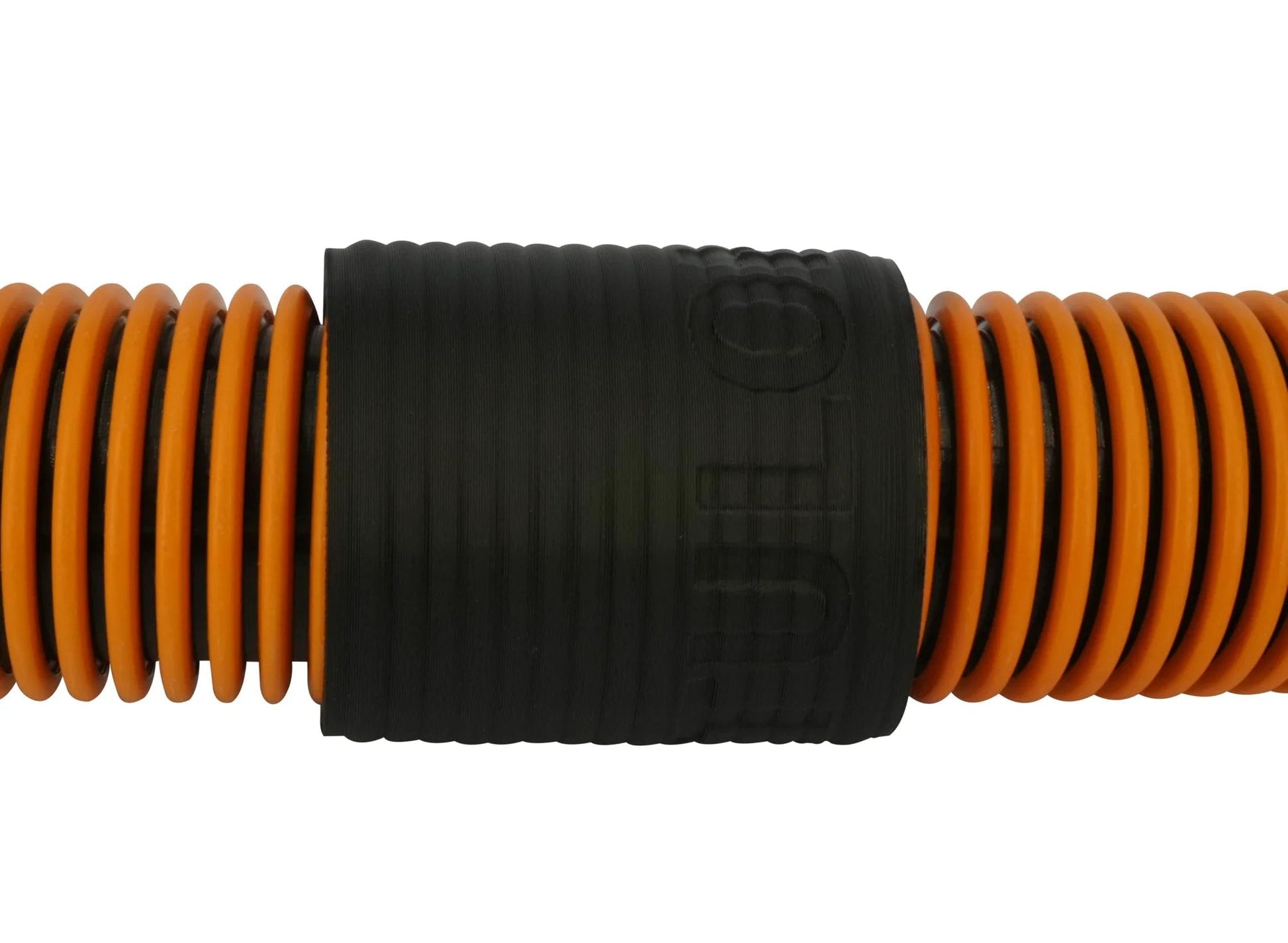 Heavy Duty Vacuum Hose Coupler Accessory 2.2 Inch Outer Diameter 1.95 Inch Inner Diameter Counter Clockwise Thread 2CCWCPL For Secure Fit Black 3D Printed Made In USA Compatible With RIDGID 1-7/8 Inch 10 Foot Dual Layer Hose Model 24608 Close-up of coupler connecting orange vacuum hose.