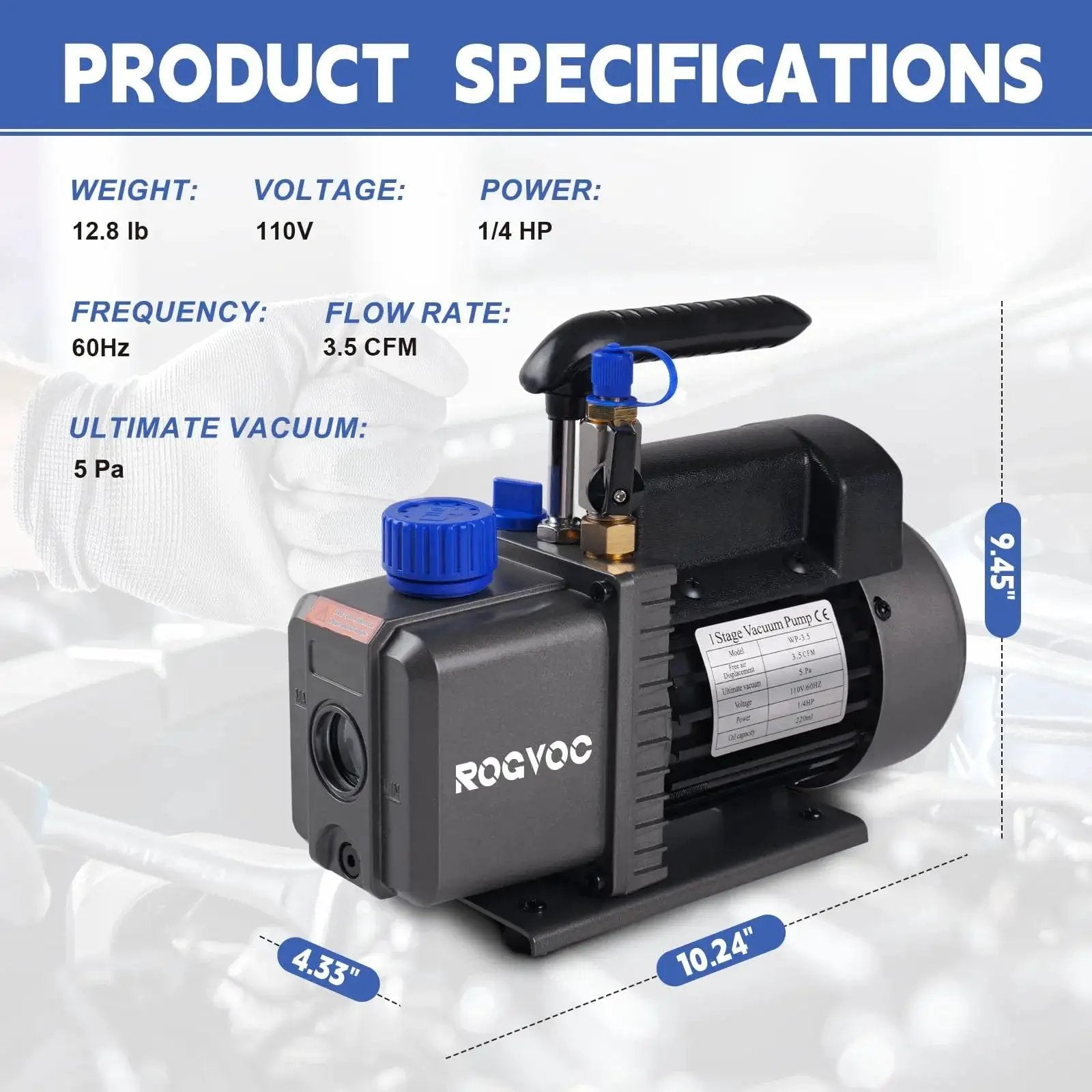 Heavy Duty Three Point Five CFM Vacuum Pump For HVAC And Auto Systems with 110V One Quarter HP. Rogvoc branding visible.