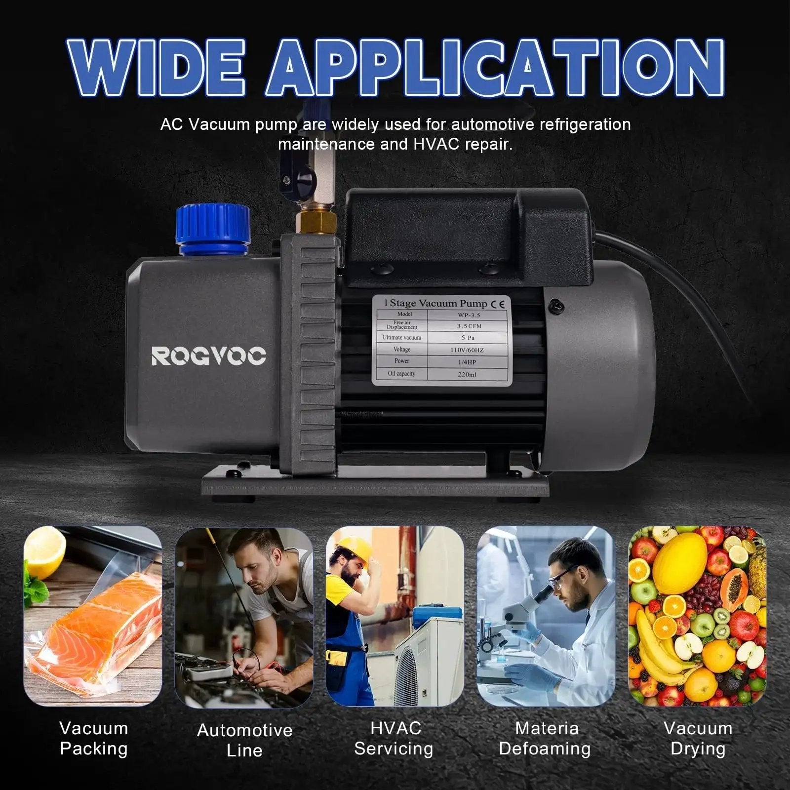 Heavy Duty Three Point Five CFM Vacuum Pump For HVAC And Auto Systems with 110V One Quarter HP in black casing, multiple applications