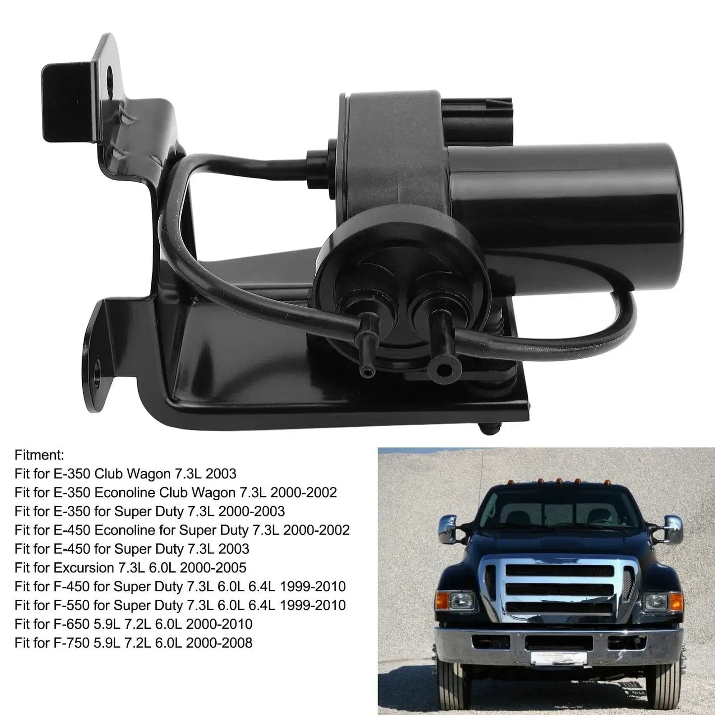 Heavy Duty Electric Vacuum Pump For Ford F Series Trucks Direct Fit OEM 904 214 Replacement shown with vehicle compatibility chart