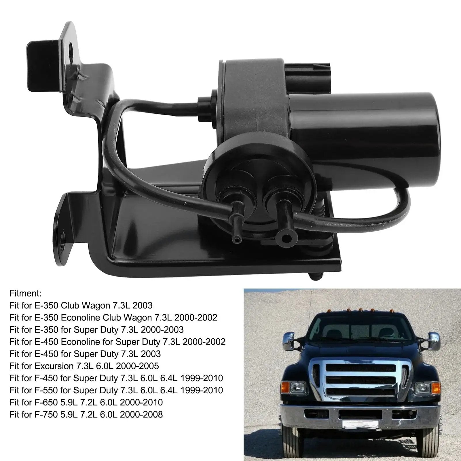 Heavy Duty Electric Vacuum Pump For Ford F Series Trucks Direct Fit OEM 904 214 Replacement shown with vehicle compatibility chart