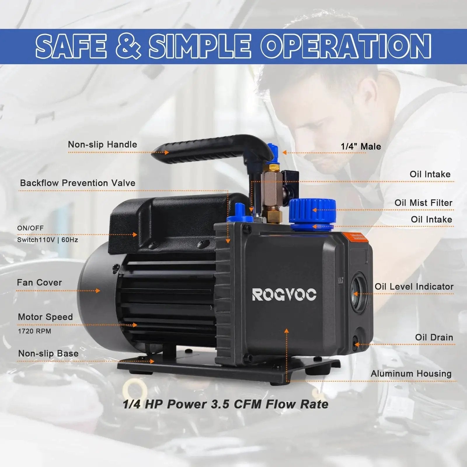 Heavy Duty Three Point Five CFM Vacuum Pump For HVAC And Auto Systems With 110V One Quarter HP Single Stage Rotary Vane Design