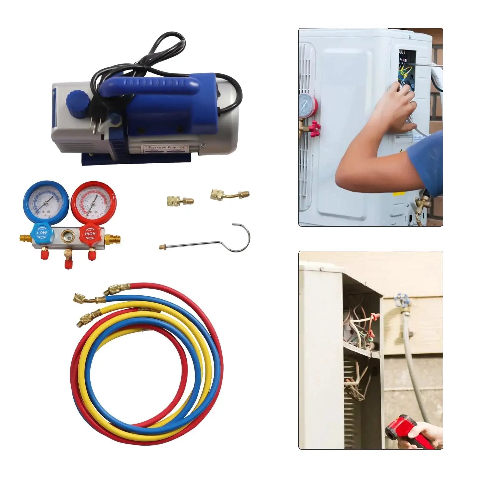 Heavy Duty Vacuum Pump And Manifold Gauge Set For AC Refrigeration Kit 110V 180W One Quarter HP Single Stage Auto And Home Use with hoses and gauges