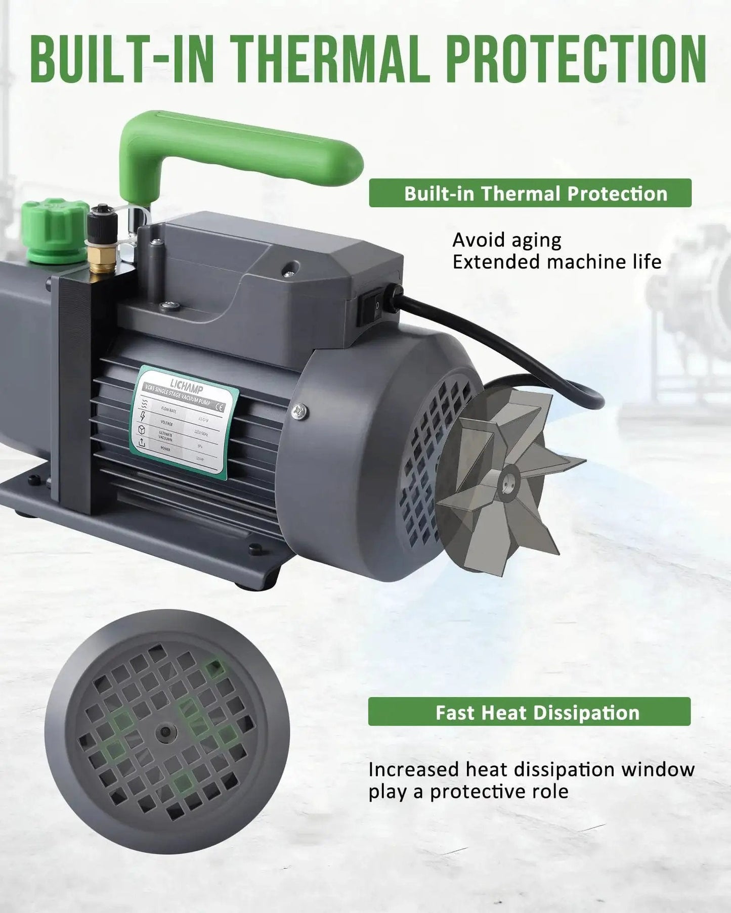 Heavy Duty Four Point Five CFM HVAC Vacuum Pump With One Third Horsepower Motor, built-in thermal protection, cool gray by Lichamp