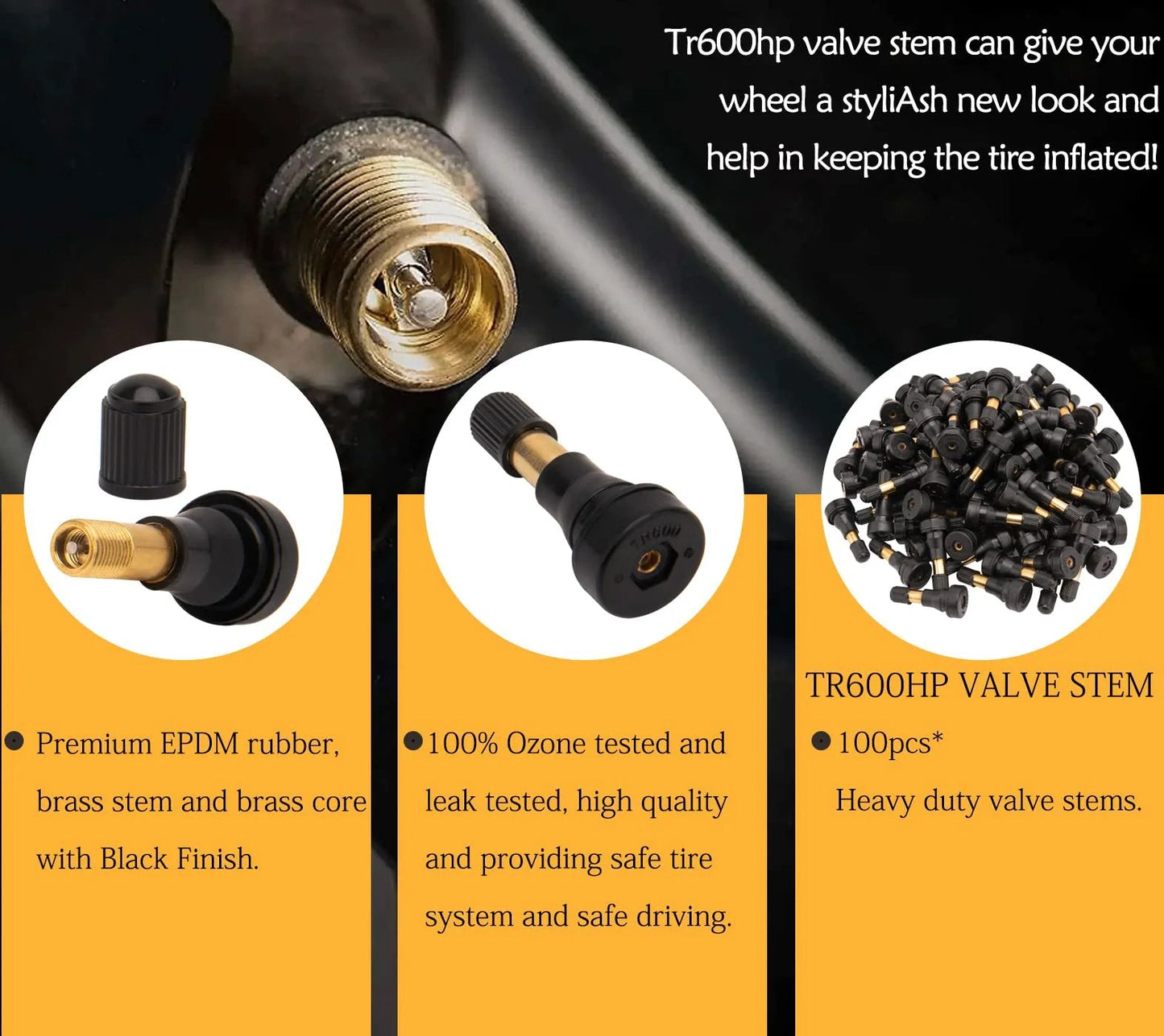 Heavy Duty High Pressure Valve Stems Kit With Brass Core And Snap In Design 100 Pack Black EPDM Rubber Tire Valve Stems For Pro Grade Performance Ozone Tested And Leak Tested For All Vehicles, close-up view of valve stem and core.