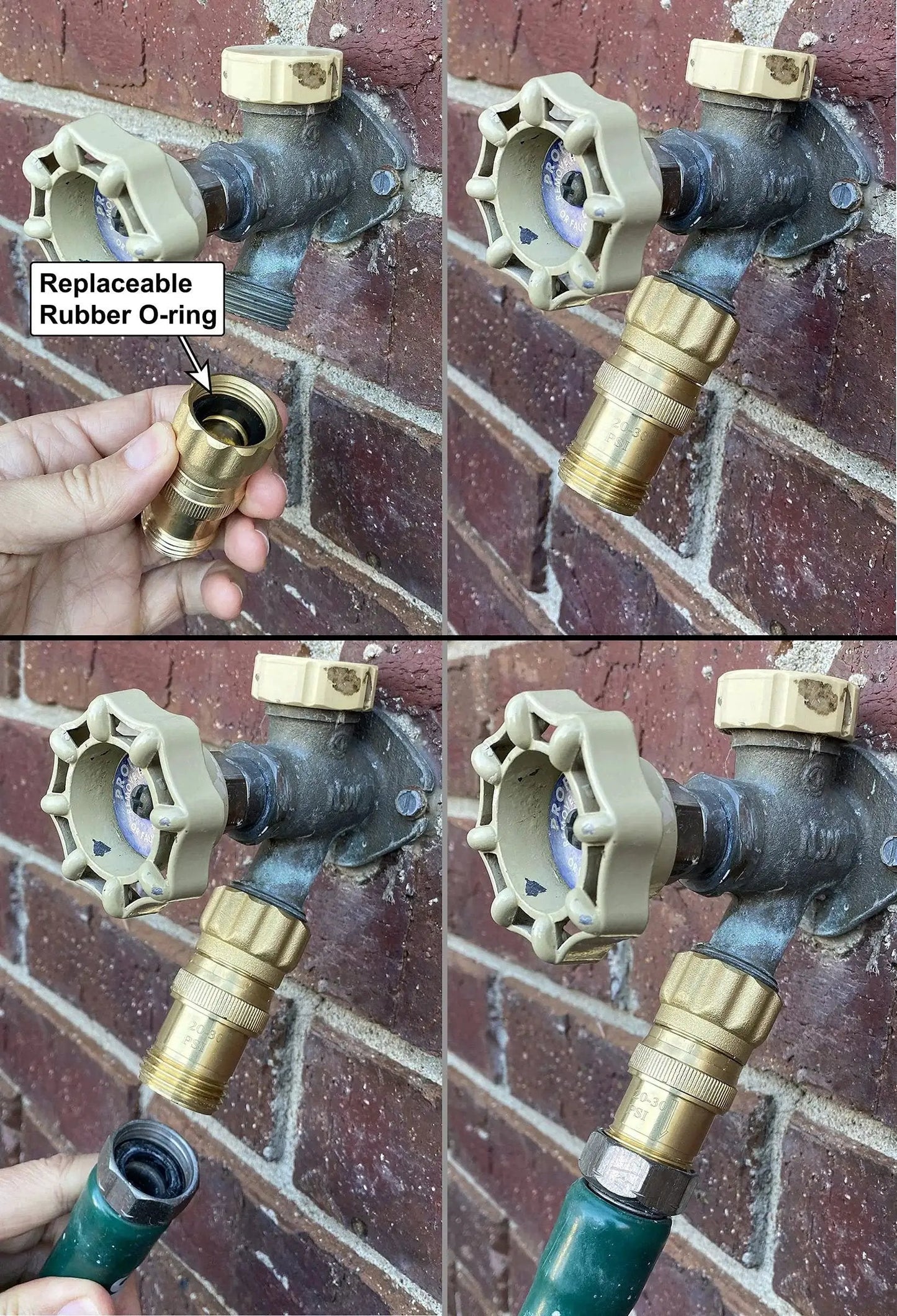 Image of Heavy Duty 25 Psi Water Pressure Regulator for Drip Irrigation with 3/4 Inch FHT to 3/4 Inch MHT installed on a hose bib.