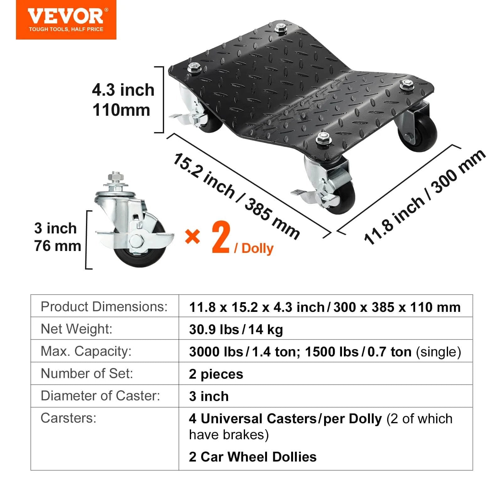 ✝️ Wheel Dolly, 3000 lbs Car Moving Dolly with dimensions and specifications displayed, set of 2 for smooth car and vehicle movement