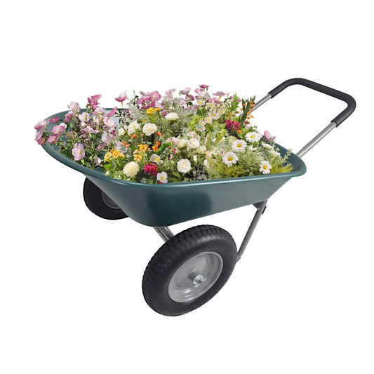 Heavy Duty Dual Wheel Garden Wheelbarrow Cart with Built In Stand filled with flowers for yard utility use