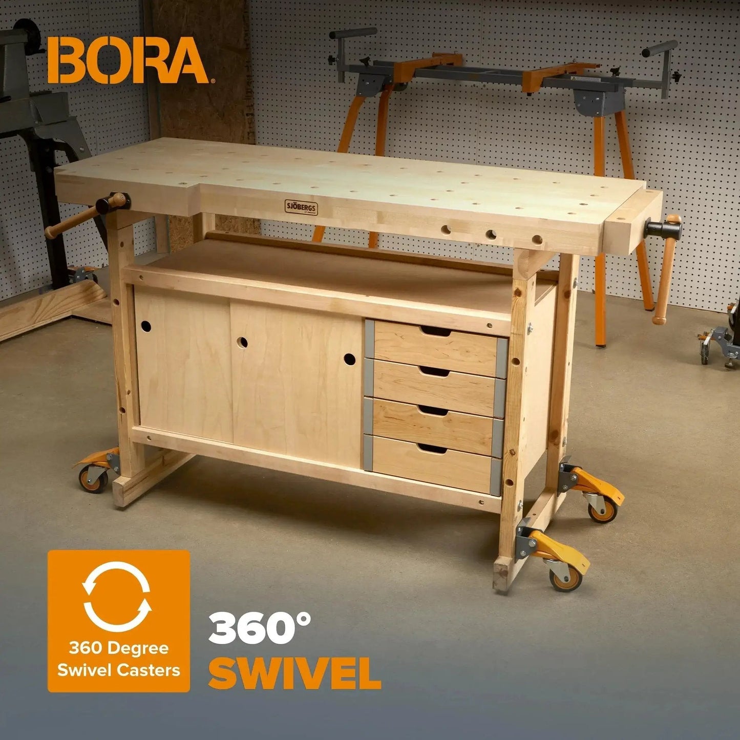 Heavy Duty Four Caster Workbench Mobility Kit With Locking Swivel Wheels And Metal Foot Brakes Non Marking Rubber Three Inch Wheels