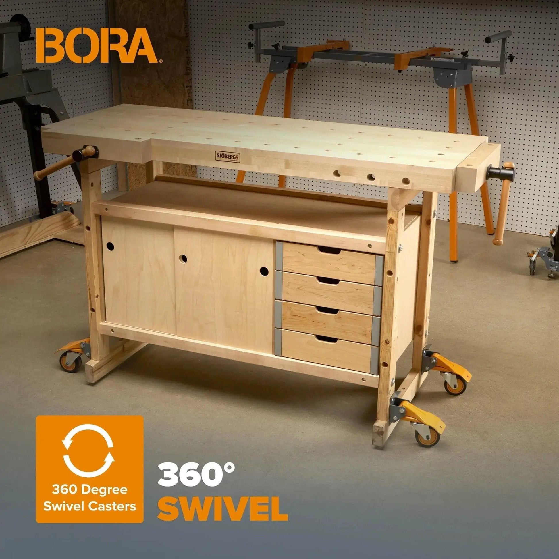 Heavy Duty Four Caster Workbench Mobility Kit With Locking Swivel Wheels And Metal Foot Brakes Non Marking Rubber Three Inch Wheels