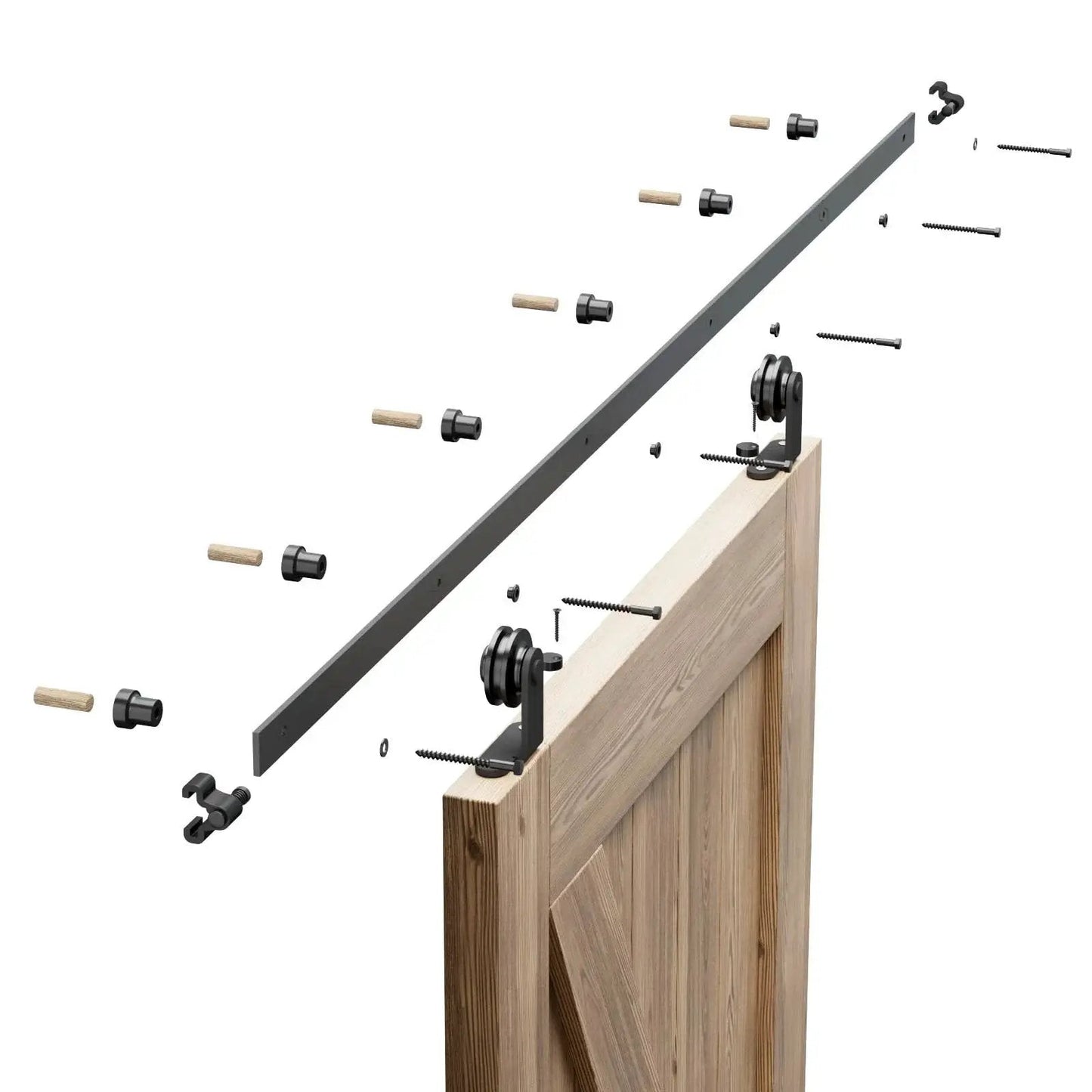 6.6Ft Sliding Track Barn Door Hardware Kit For Single Wood Door Heavy Duty T Shaped Style Black Space Saving Interior Door System For Home DIY Ideal For Kitchen Bedroom Club Pub Decor And Multi Room Opening, showing metal track and door components.