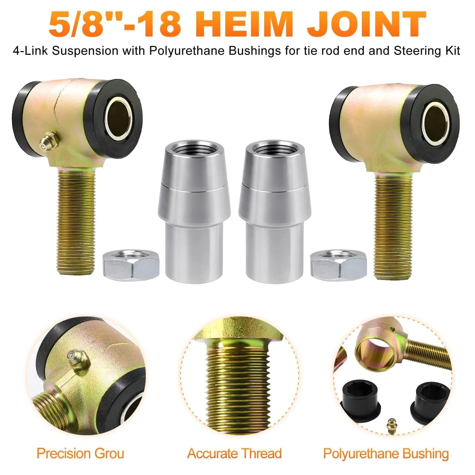 5/8-18 Heim Joint Rod End Kit with chromoly rod ends, reinforced polyurethane bushings, zinc plated, with jam nuts and adapters