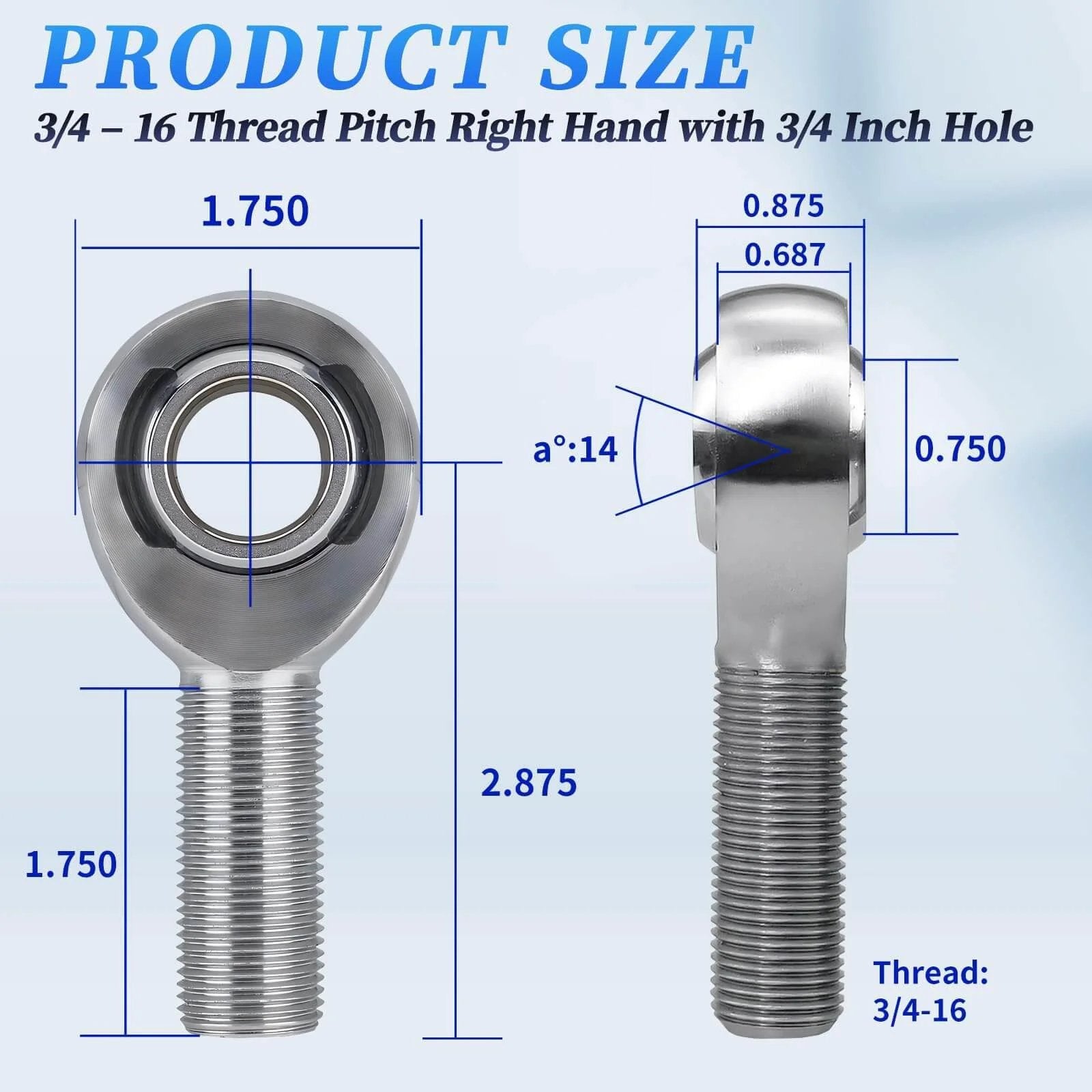 Front and side view of 3/4 inch Heim joint rod end bearing kit with jam nuts, right hand 3/4-16 thread dimensions visible.