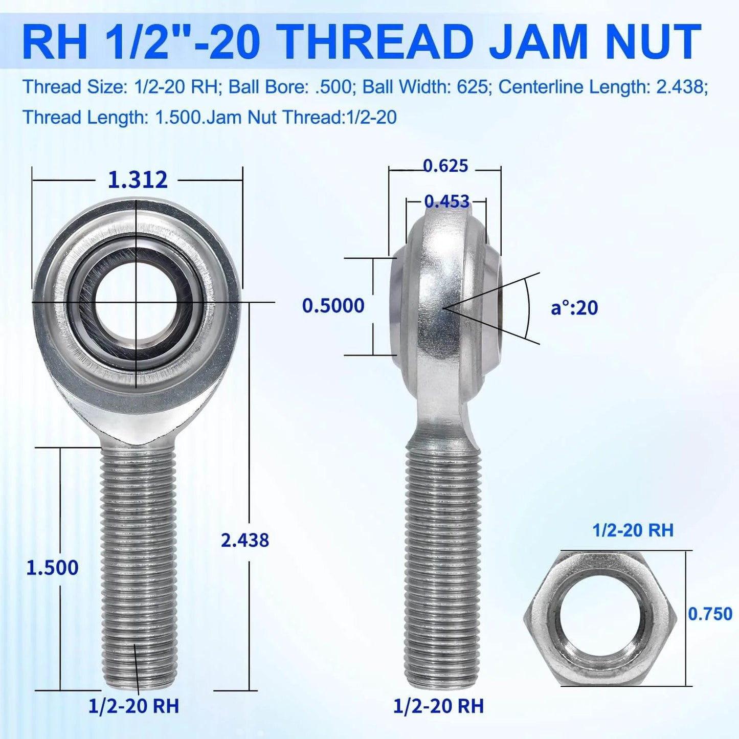 Economy adjustable heim joint rod end kit with right hand 1/2-20 thread and 1/2 inch bore with jam nut, dimensions labeled